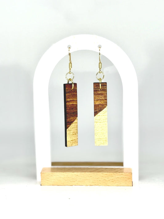 Wood Dangle Earrings: Gold Accent, Geometric Handmade Jewelry