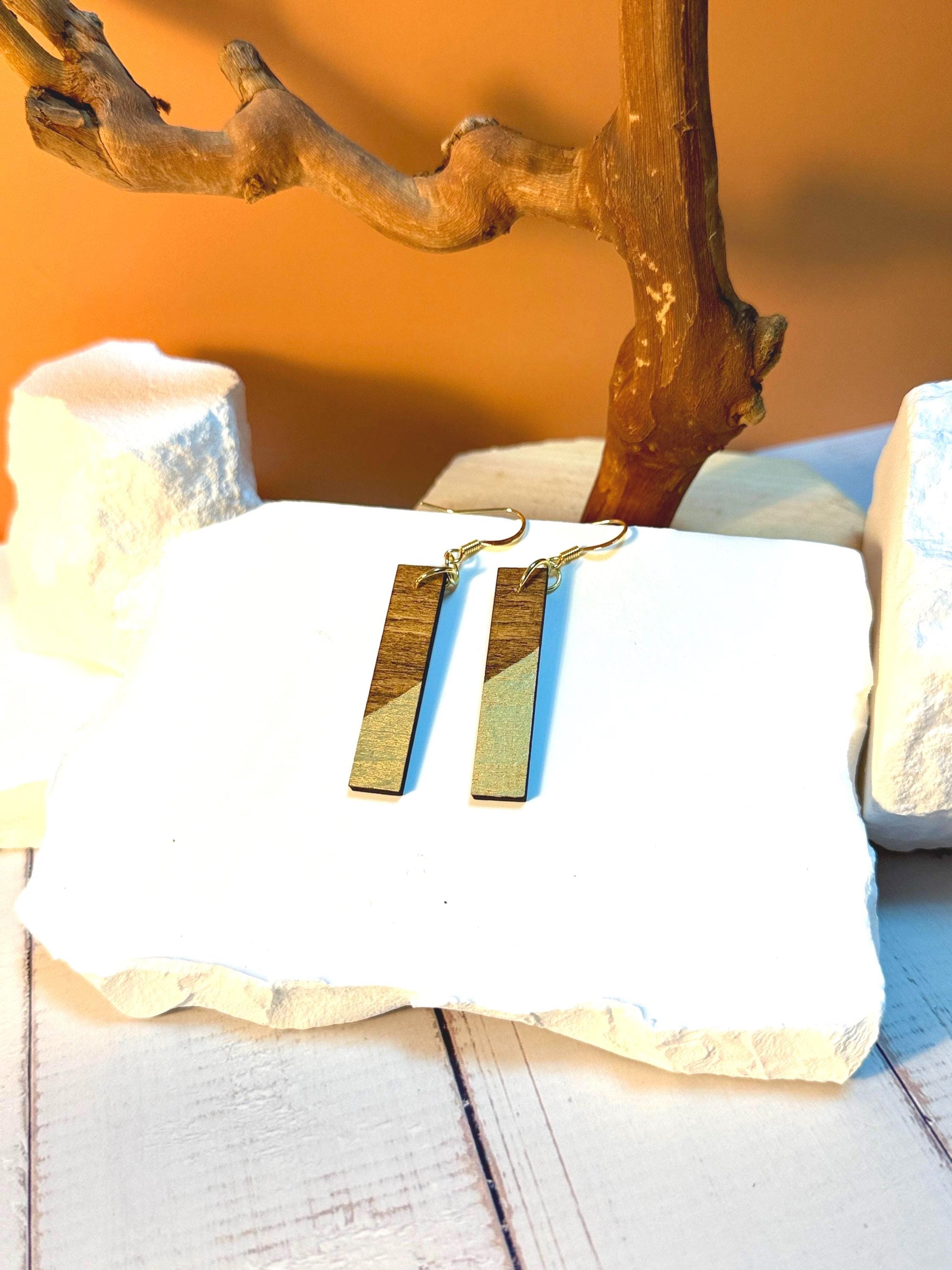 Wood Dangle Earrings: Gold Accent, Geometric Handmade Jewelry