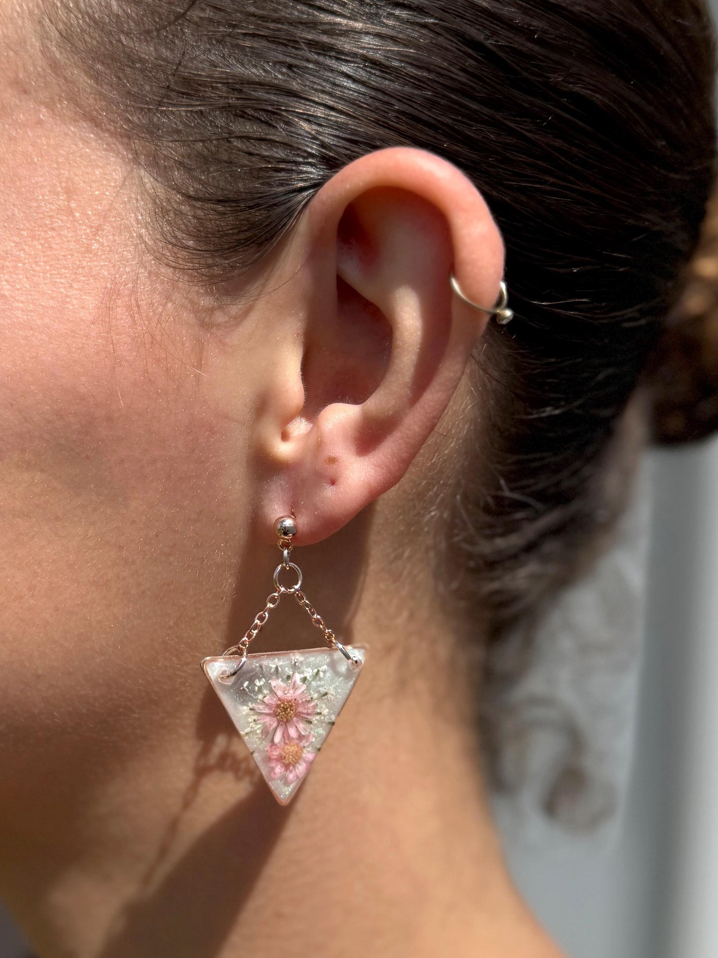 Rose Gold Resin Earrings: Pressed Flower Triangle Dangles