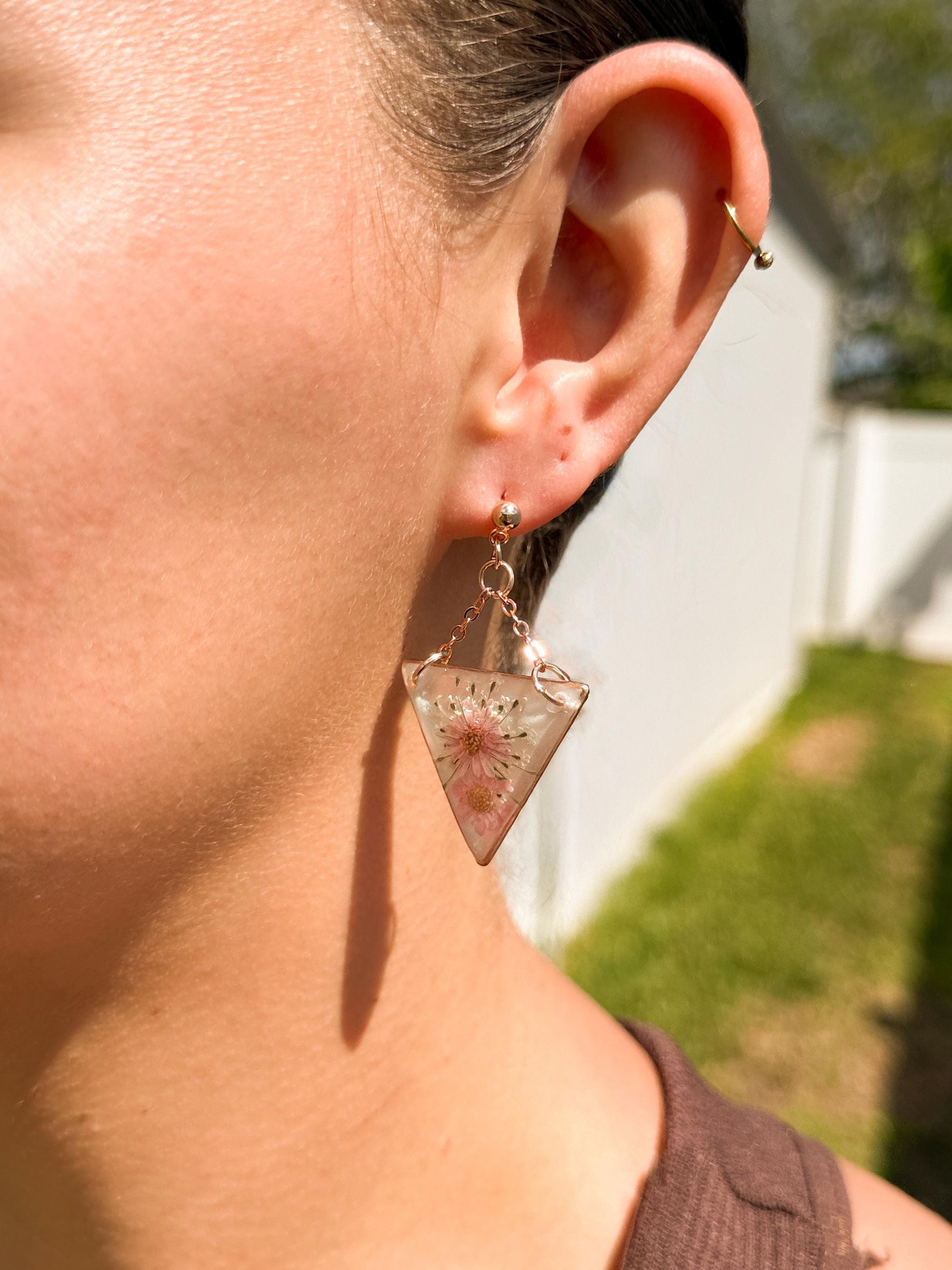 Rose Gold Resin Earrings: Pressed Flower Triangle Dangles