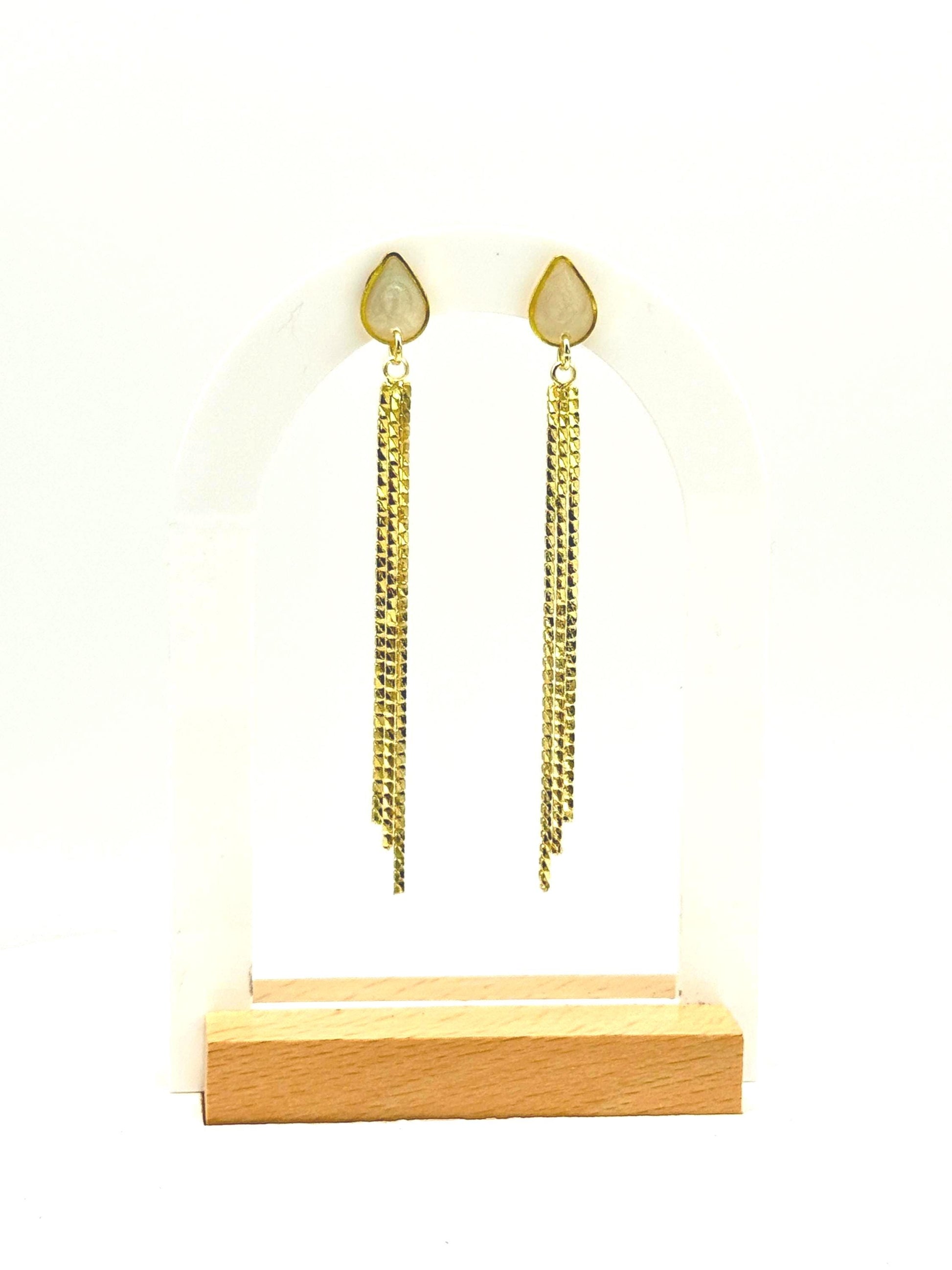 Handmade Gold Tassel Earrings: Pearlescent Resin Teardrop Dangle