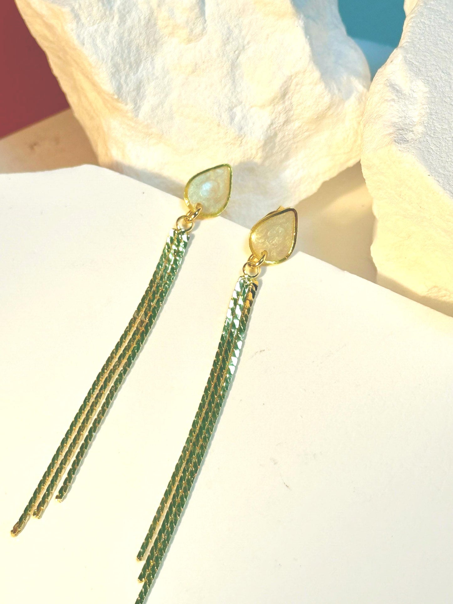 Handmade Gold Tassel Earrings: Pearlescent Resin Teardrop Dangle