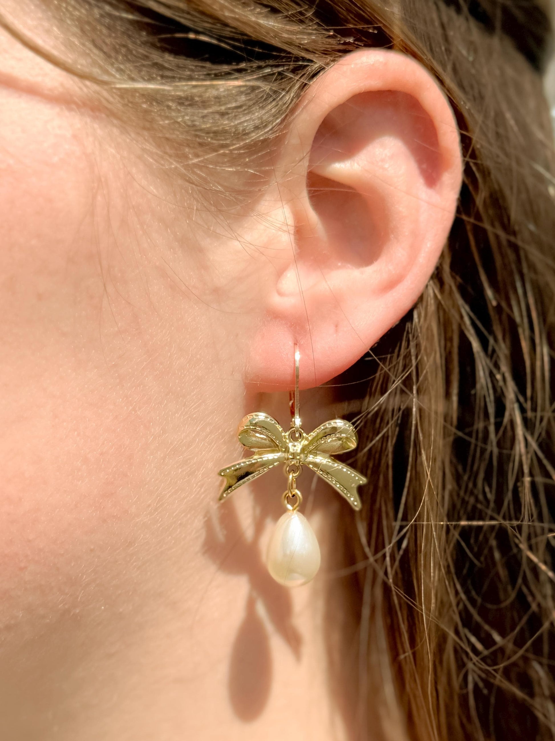 Pearl Drop Earrings: Gold Bow Bridal Jewelry