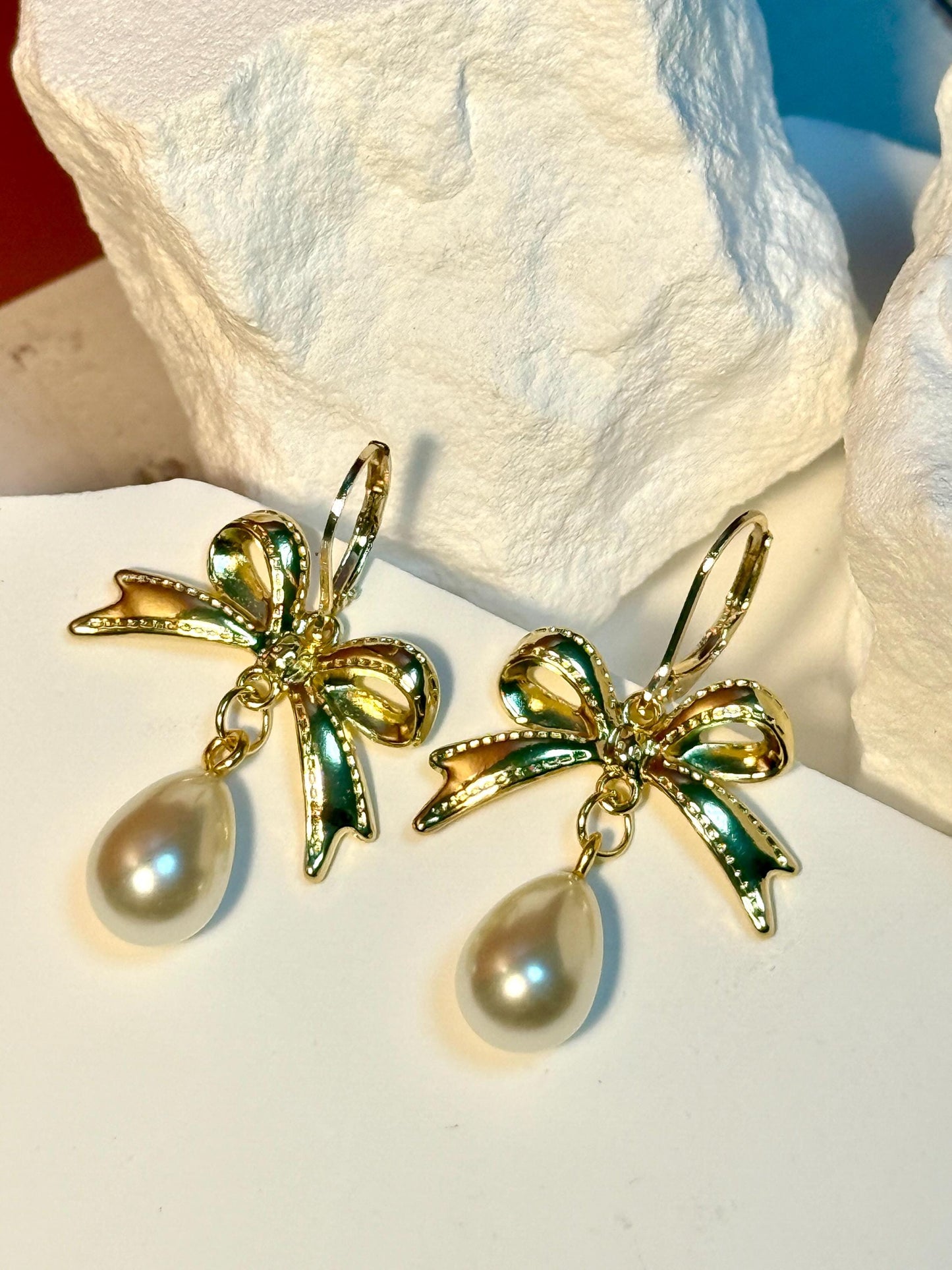 Pearl Drop Earrings: Gold Bow Bridal Jewelry