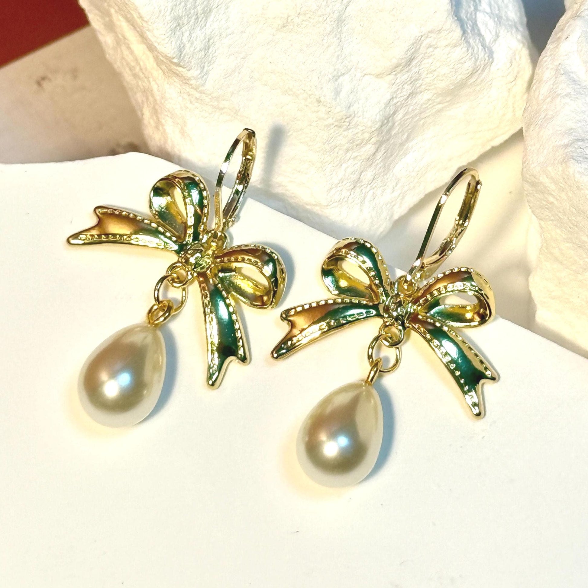 Pearl Drop Earrings: Gold Bow Bridal Jewelry