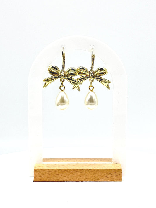 Pearl Drop Earrings: Gold Bow Bridal Jewelry