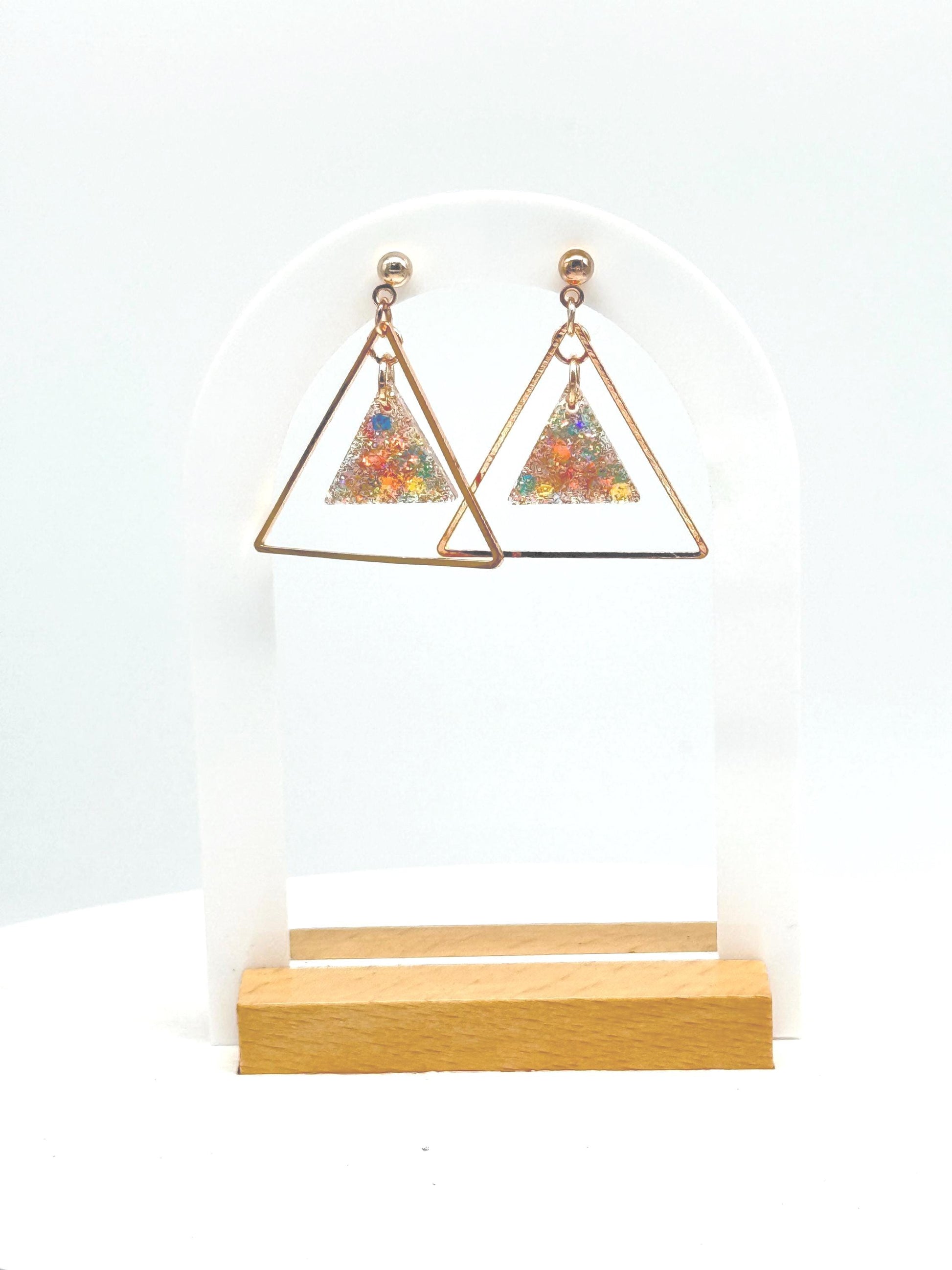 Glitter Resin Triangle Earrings: Gold Confetti Dangle Statement Earrings