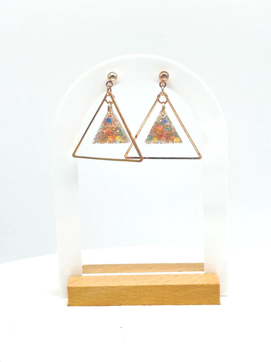 Glitter Resin Triangle Earrings: Gold Confetti Dangle Statement Earrings