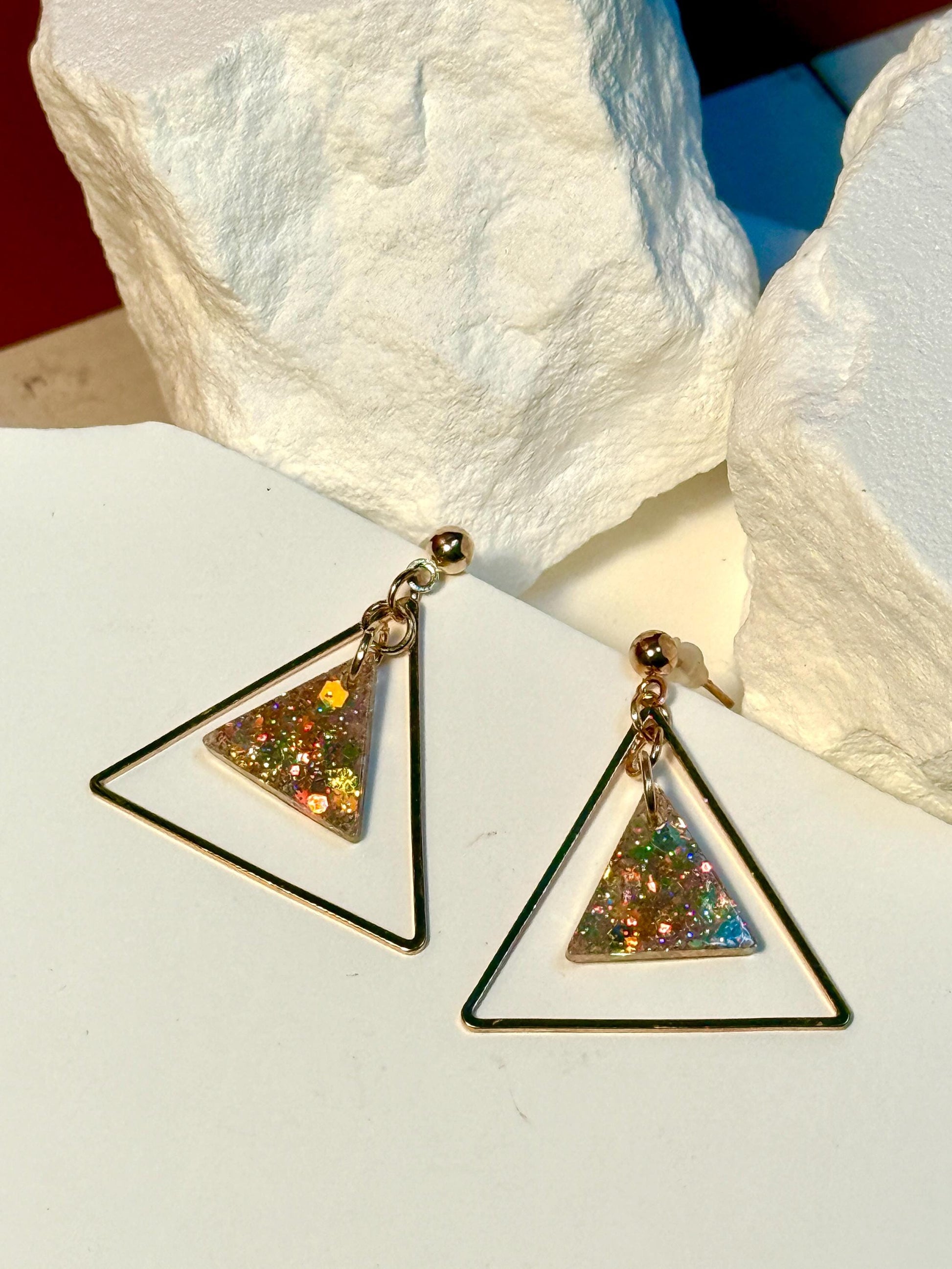 Glitter Resin Triangle Earrings: Gold Confetti Dangle Statement Earrings