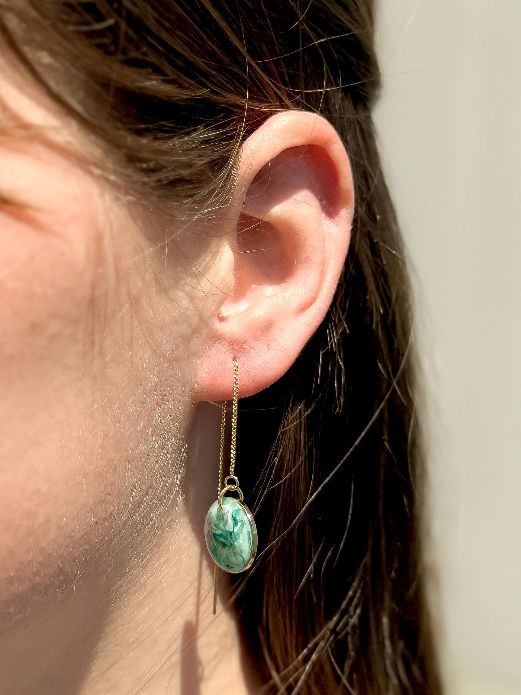 Green Resin Pressed Flower Earrings: Botanical Threader Dangles