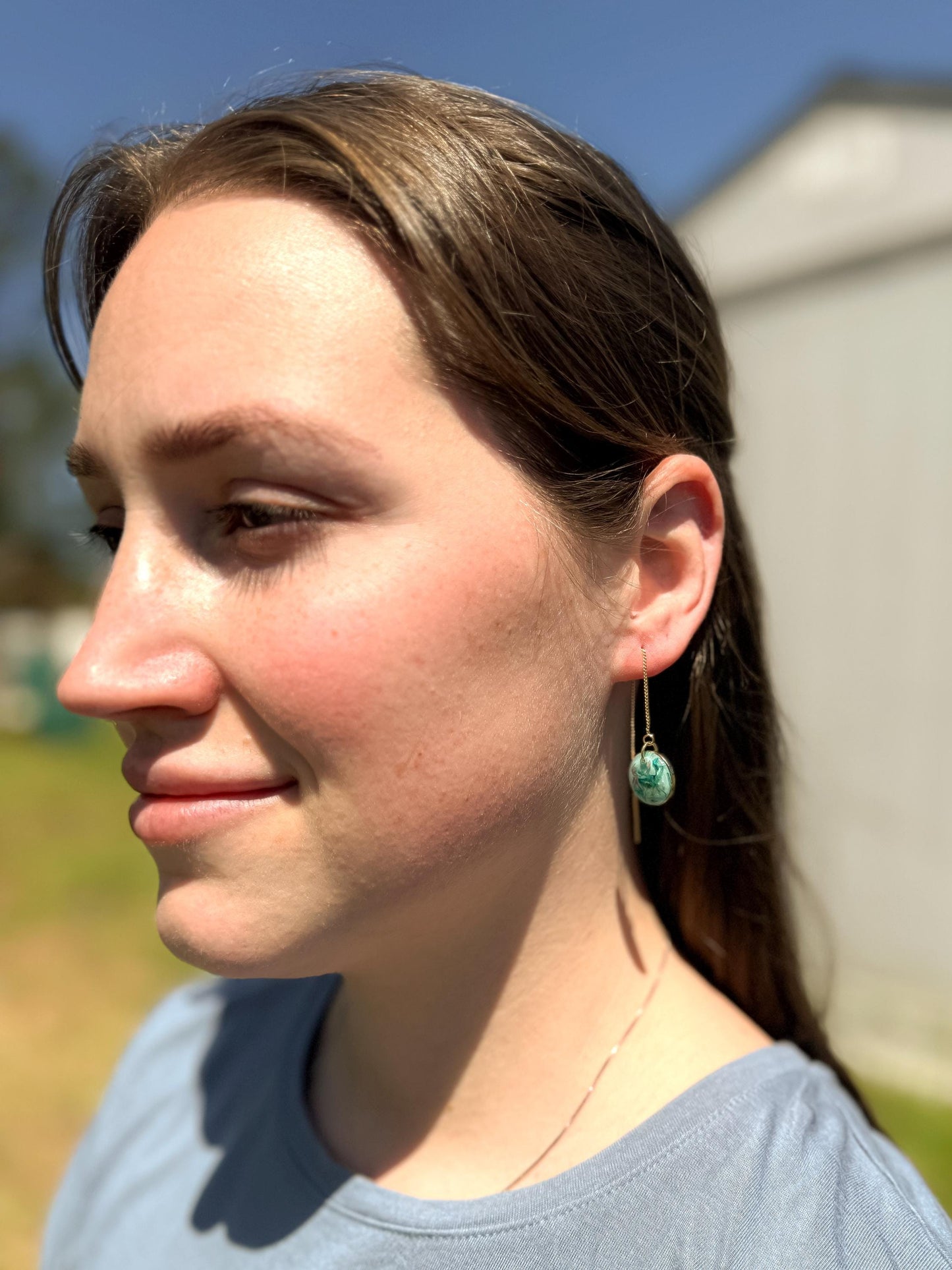 Green Resin Pressed Flower Earrings: Botanical Threader Dangles