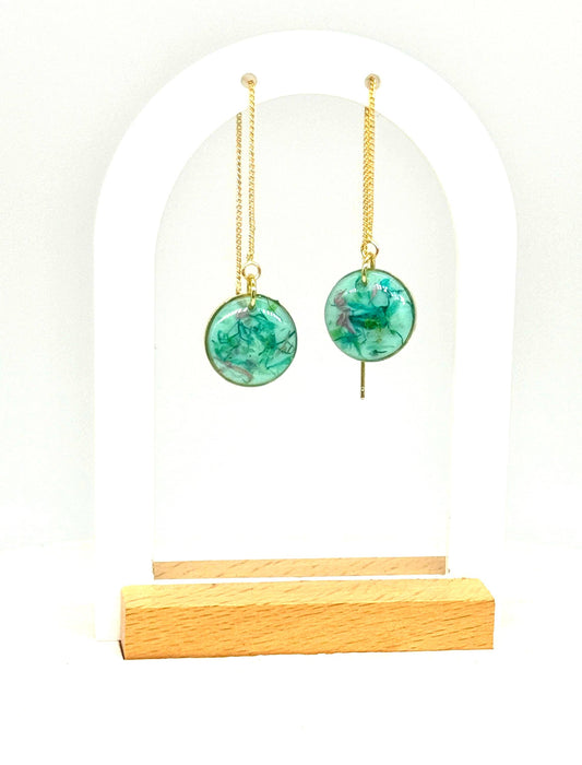 Green Resin Pressed Flower Earrings: Botanical Threader Dangles