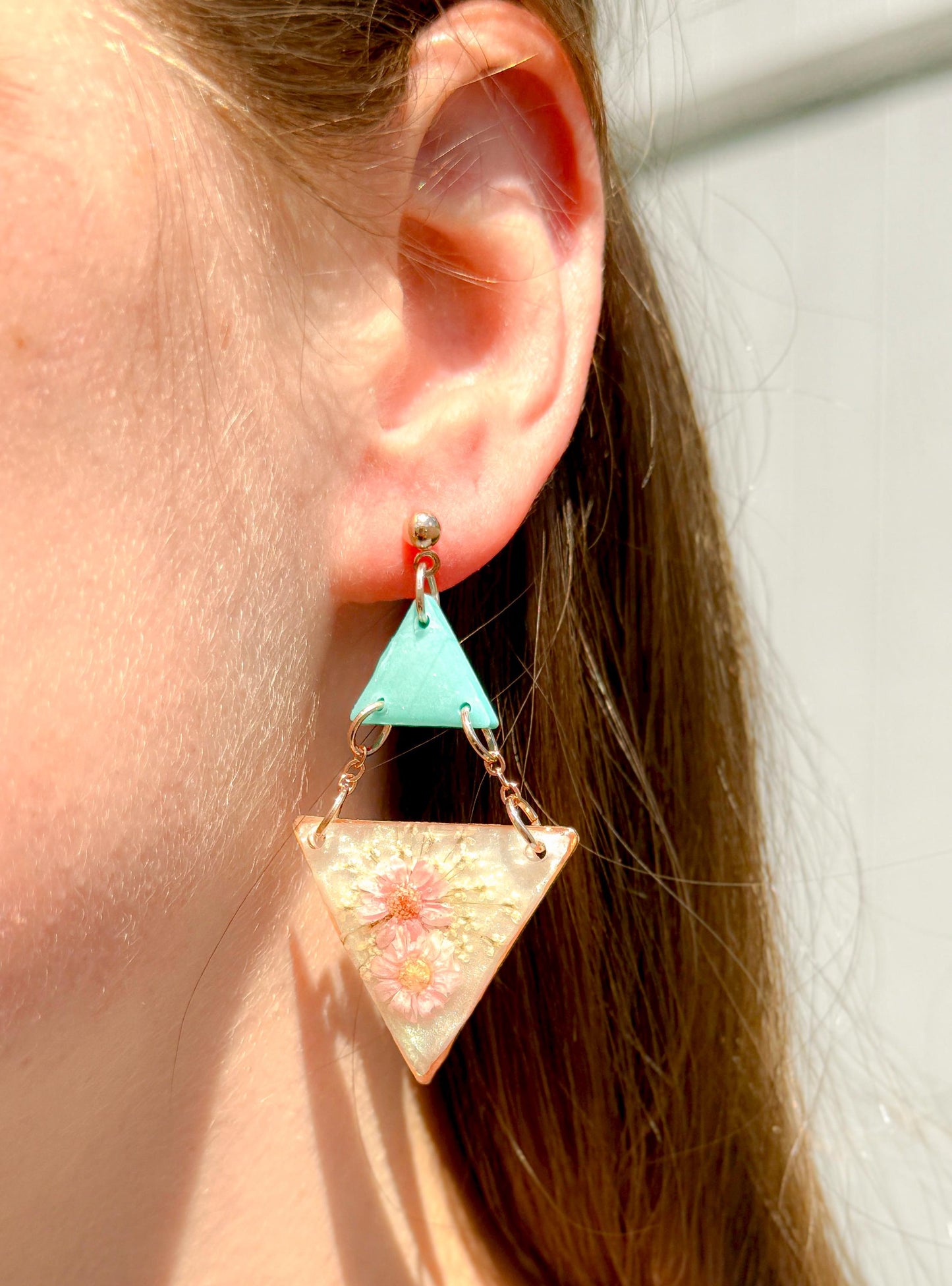 Teal & Pink Pressed Flower Resin Earrings: Geometric Statement Jewelry