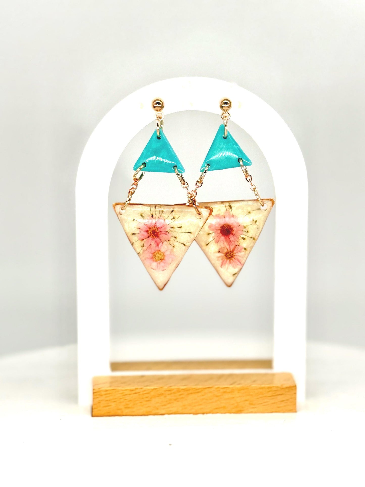 Teal & Pink Pressed Flower Resin Earrings: Geometric Statement Jewelry