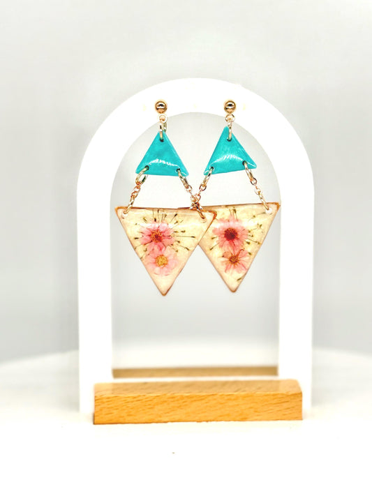 Teal & Pink Pressed Flower Resin Earrings: Geometric Statement Jewelry