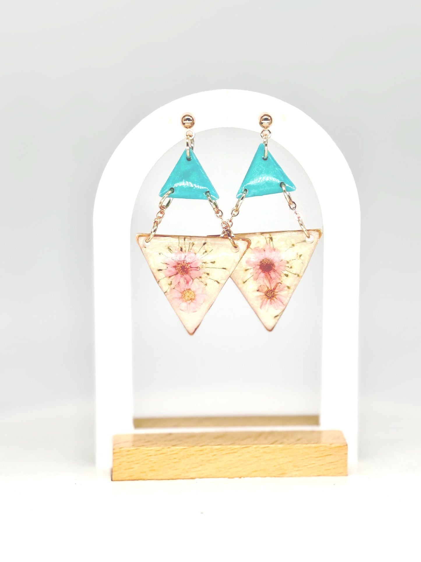 Teal & Pink Pressed Flower Resin Earrings: Geometric Statement Jewelry