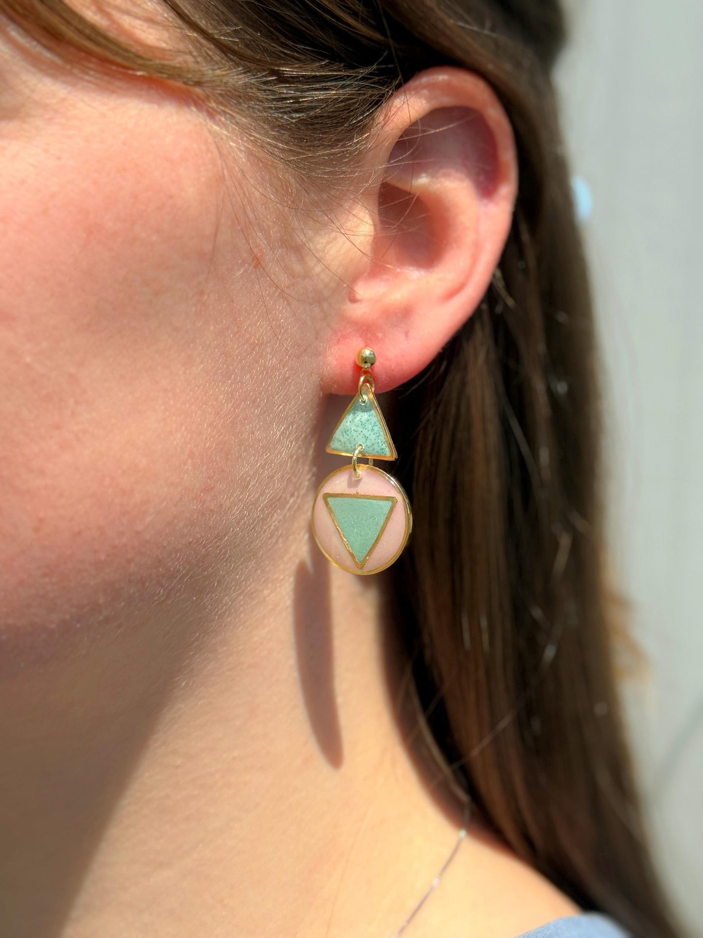 Resin Geometric Earrings: Pink Teal Retro Statement Dangle