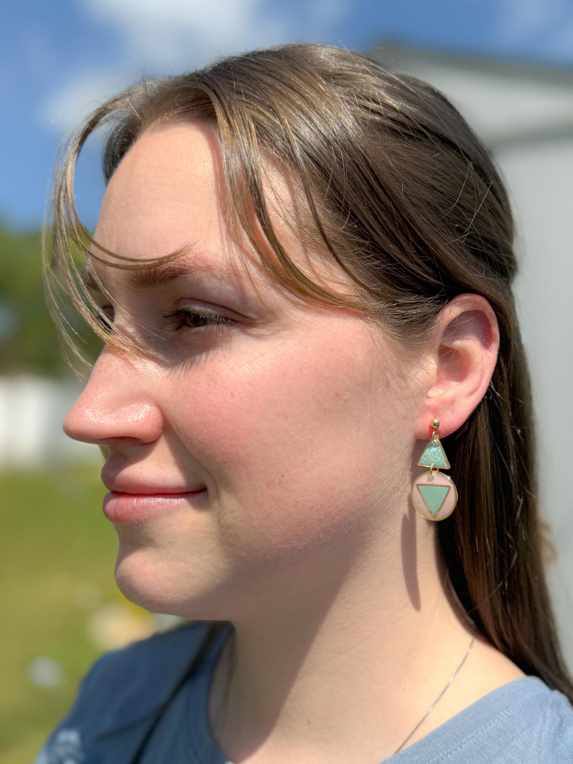 Resin Geometric Earrings: Pink Teal Retro Statement Dangle
