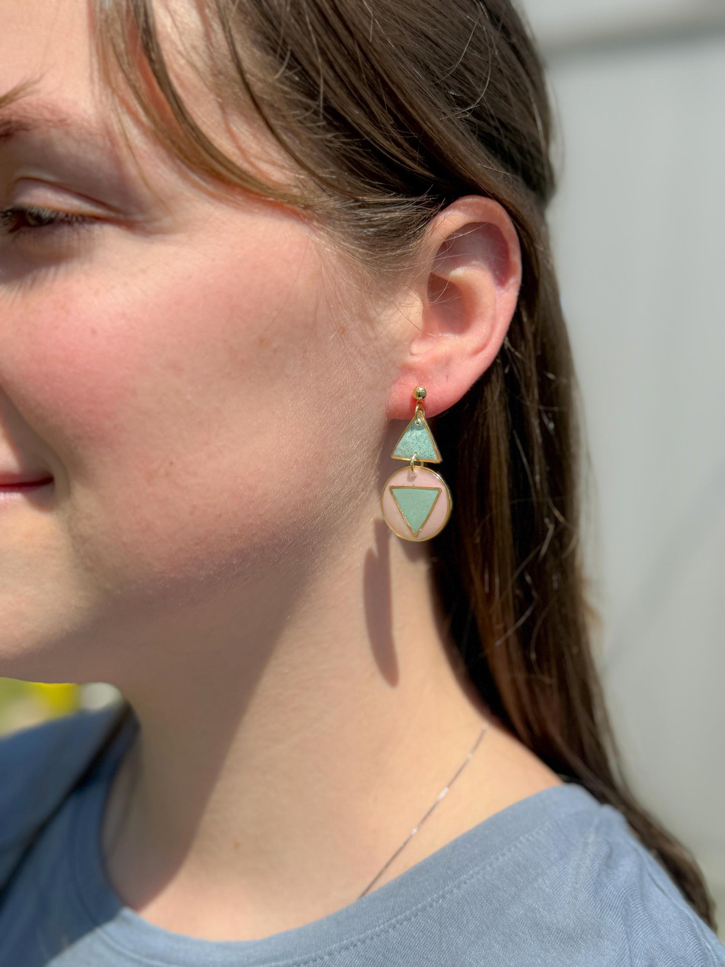 Resin Geometric Earrings: Pink Teal Retro Statement Dangle