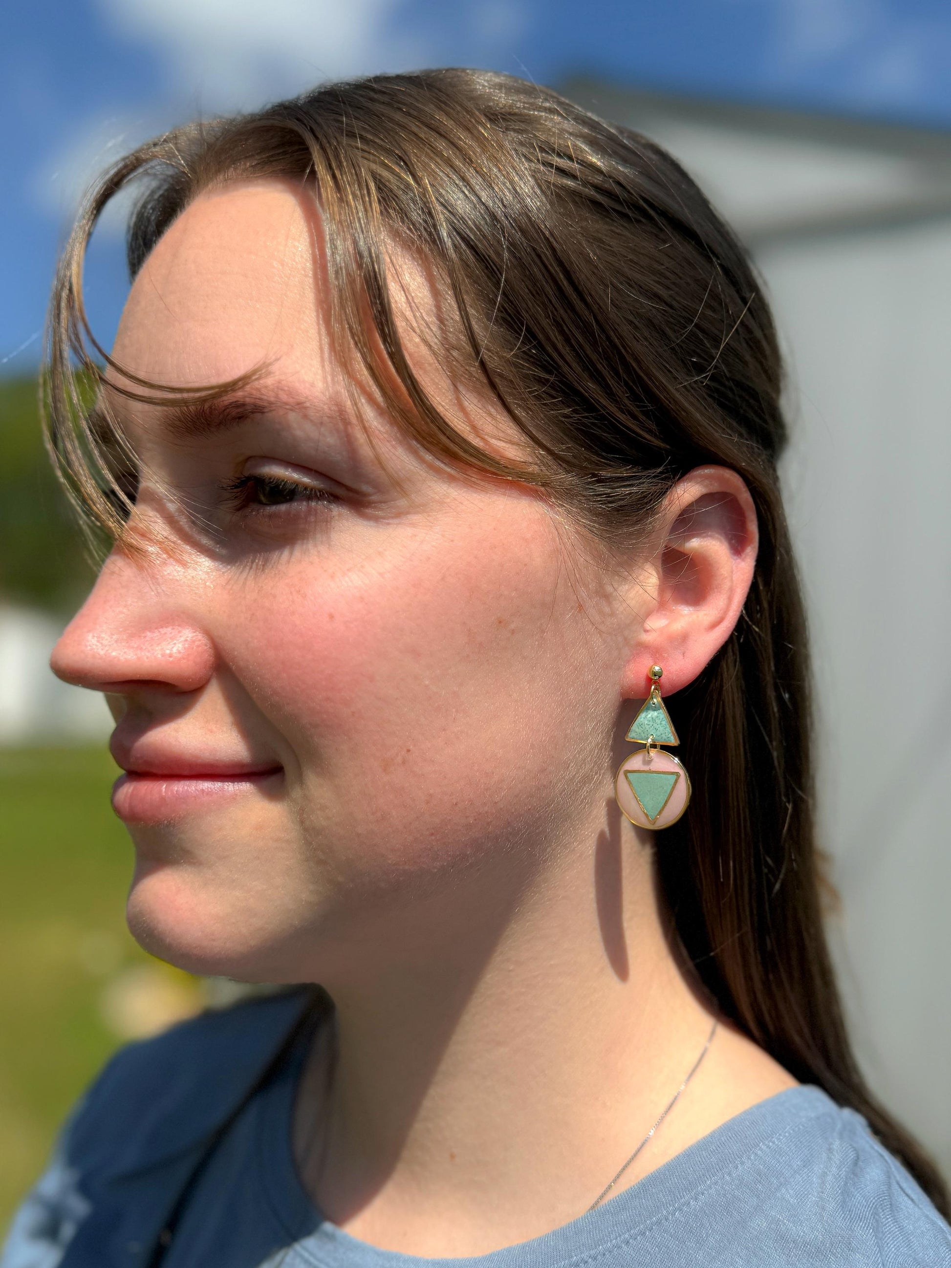 Resin Geometric Earrings: Pink Teal Retro Statement Dangle