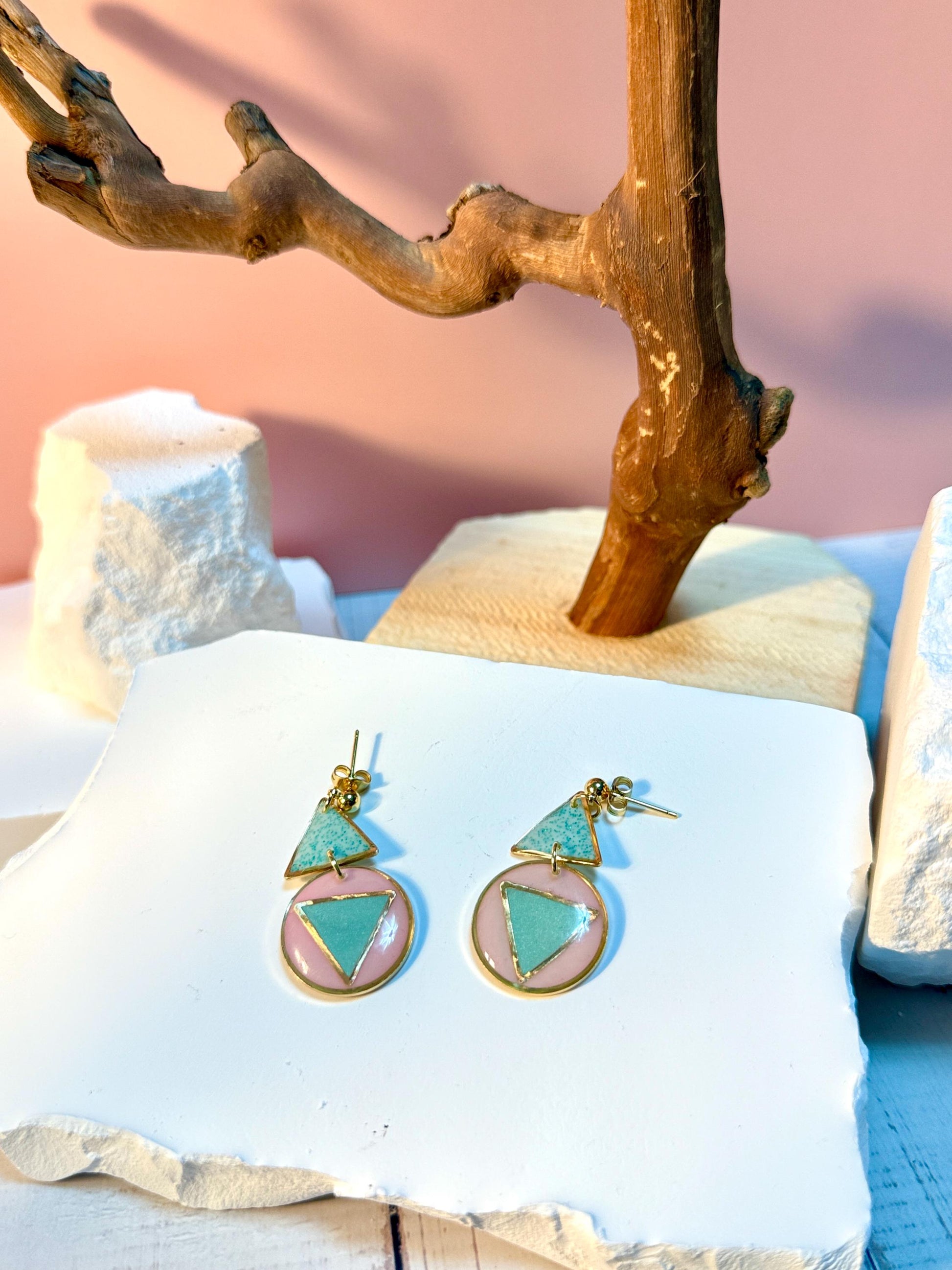 Resin Geometric Earrings: Pink Teal Retro Statement Dangle