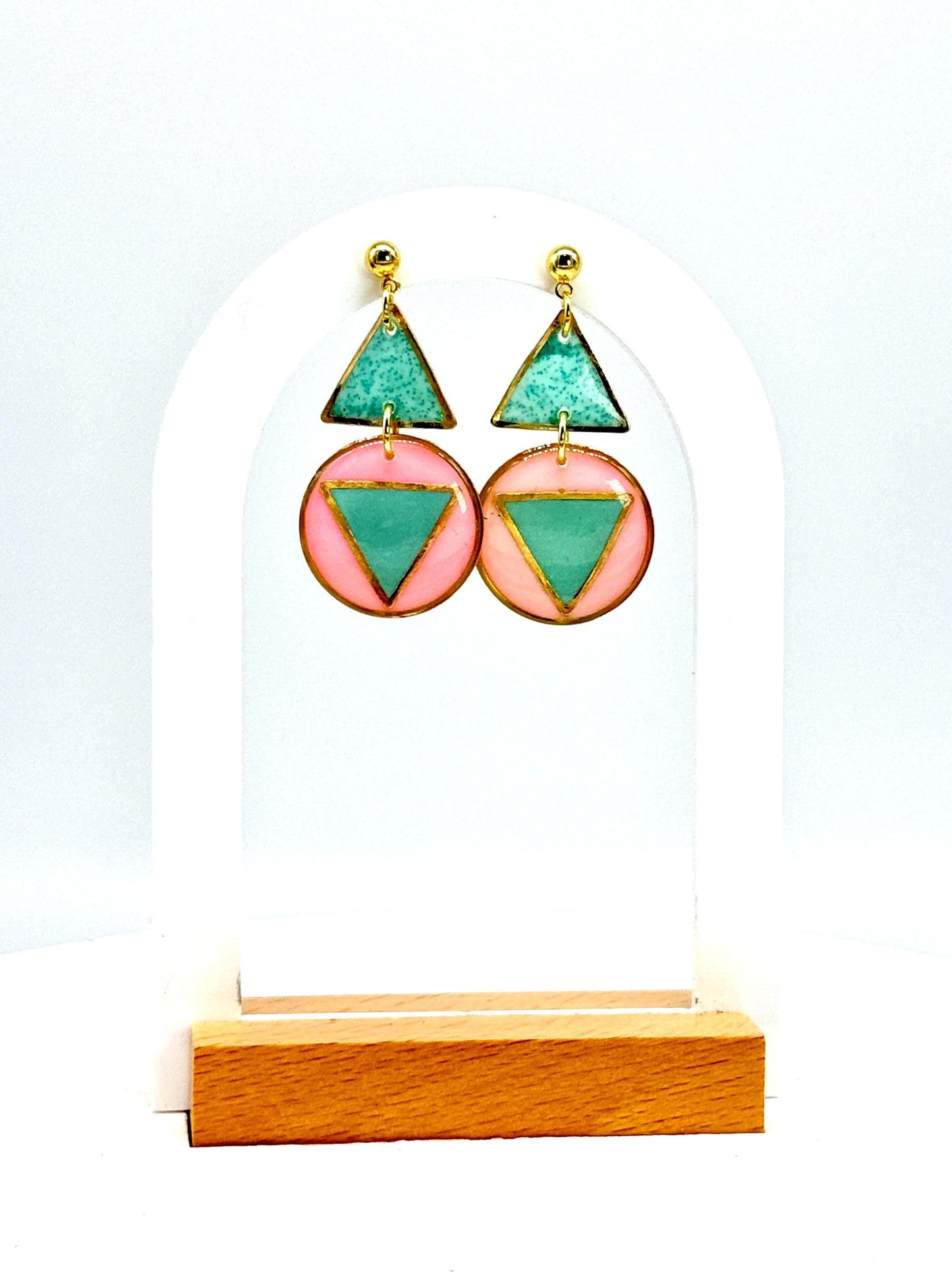 Resin Geometric Earrings: Pink Teal Retro Statement Dangle