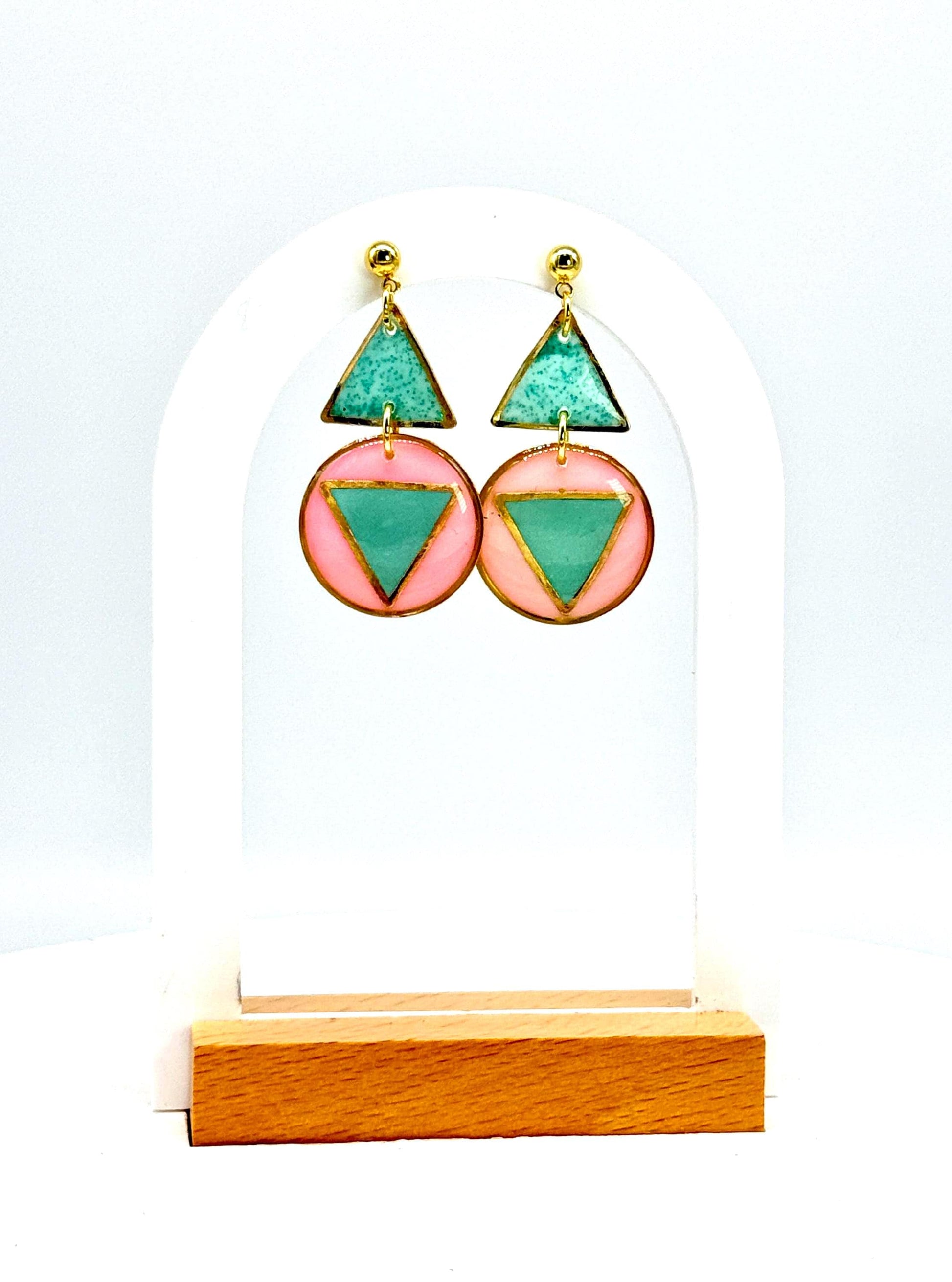 Resin Geometric Earrings: Pink Teal Retro Statement Dangle