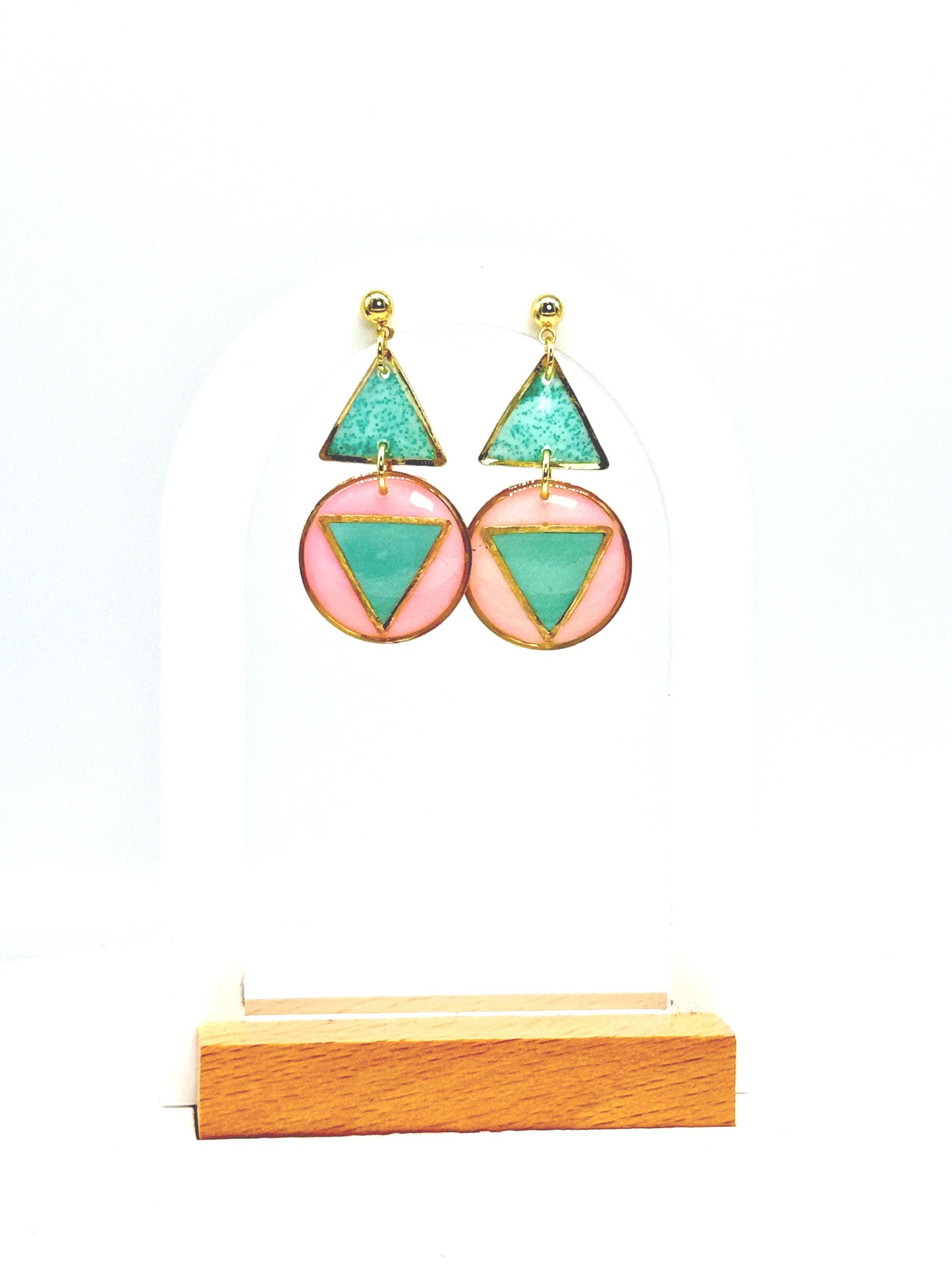 Resin Geometric Earrings: Pink Teal Retro Statement Dangle