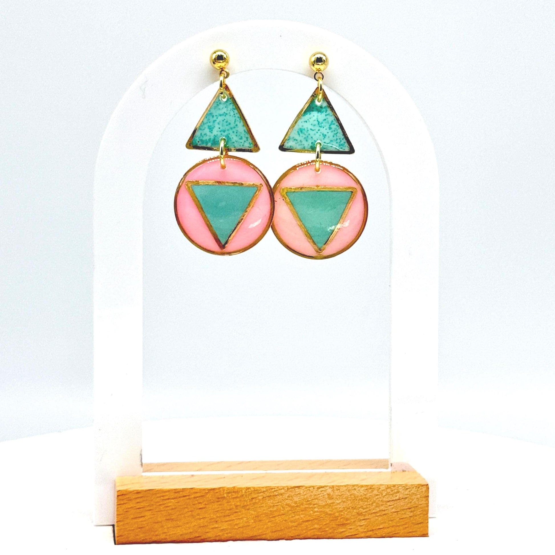 Resin Geometric Earrings: Pink Teal Retro Statement Dangle