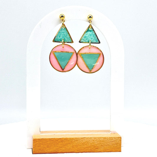 Resin Geometric Earrings: Pink Teal Retro Statement Dangle