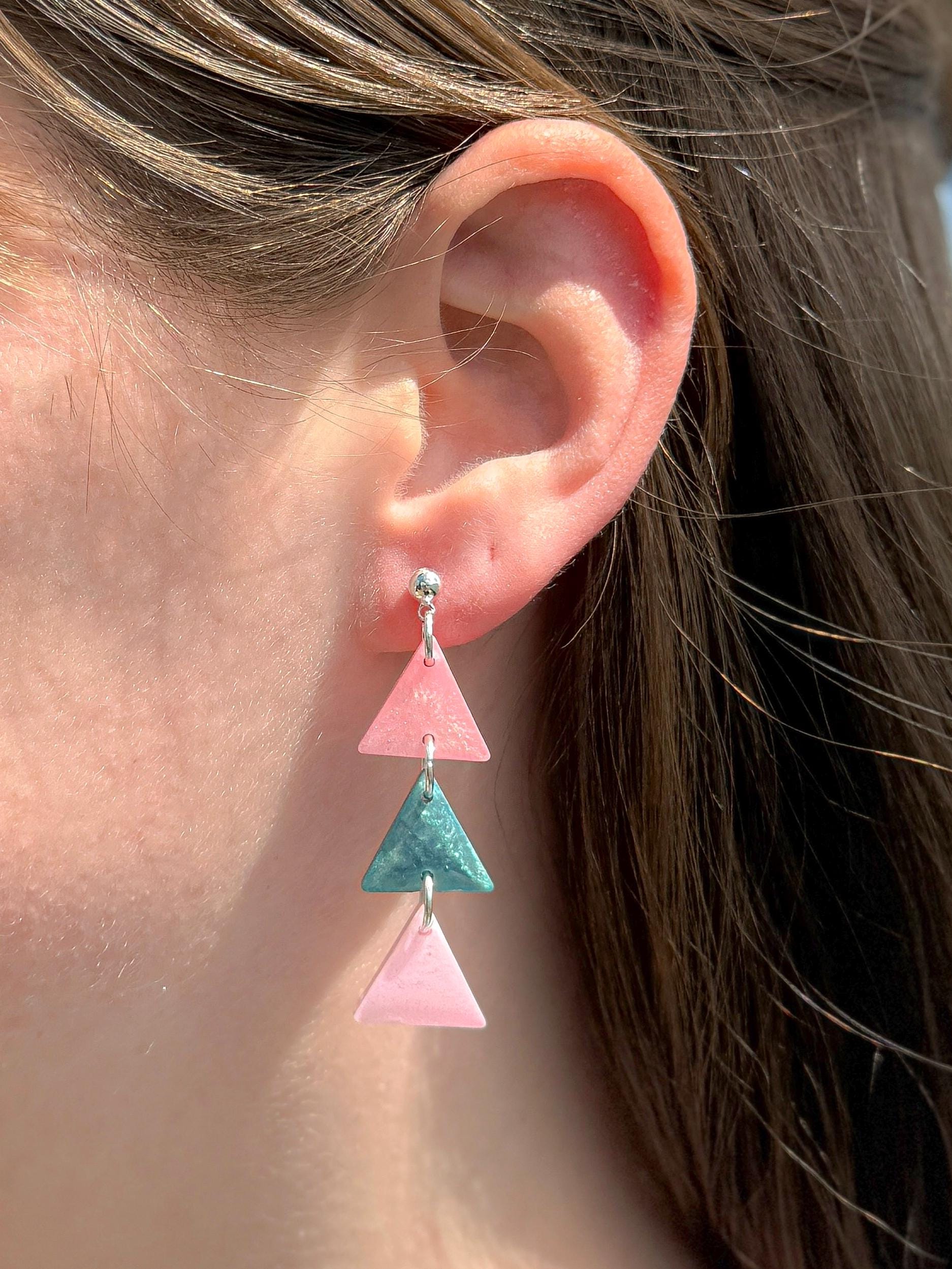 Resin Statement Earrings: Geometric Triangle Dangles, Pink & Teal Retro Flair