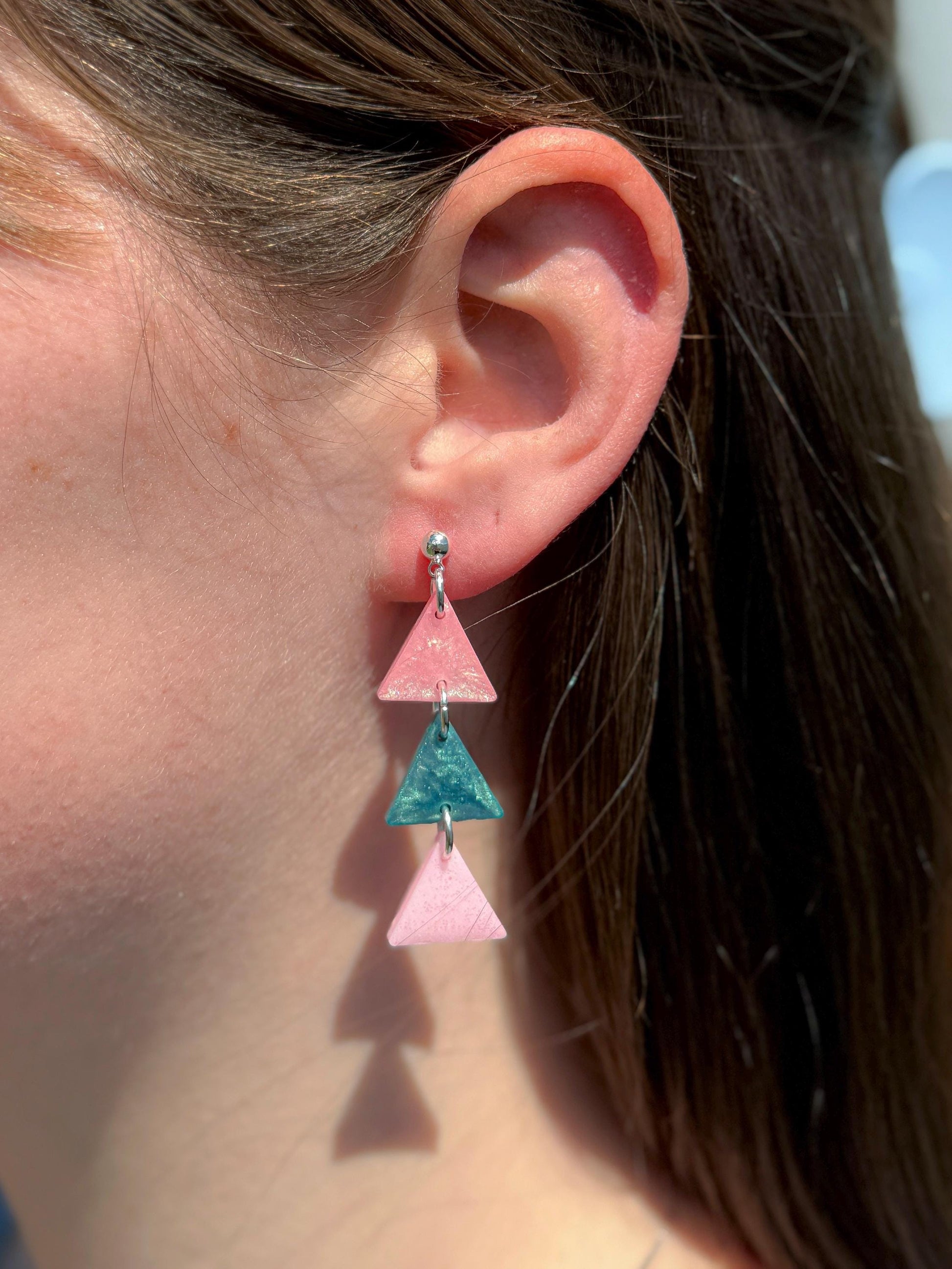 Resin Statement Earrings: Geometric Triangle Dangles, Pink & Teal Retro Flair