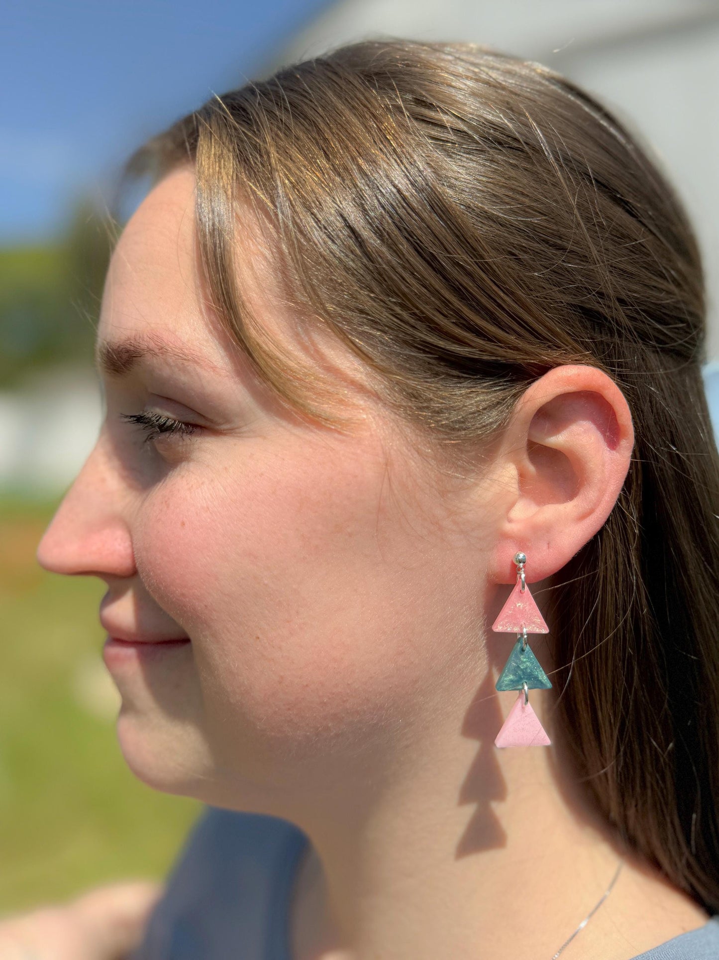 Resin Statement Earrings: Geometric Triangle Dangles, Pink & Teal Retro Flair
