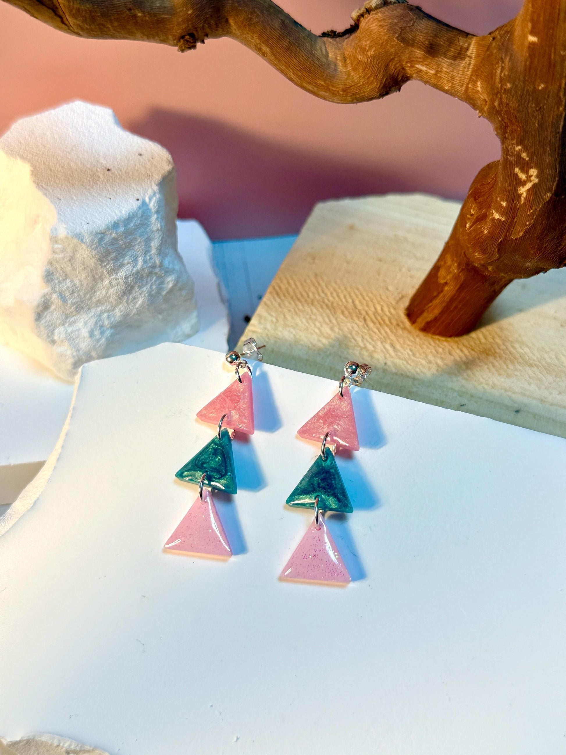 Resin Statement Earrings: Geometric Triangle Dangles, Pink & Teal Retro Flair