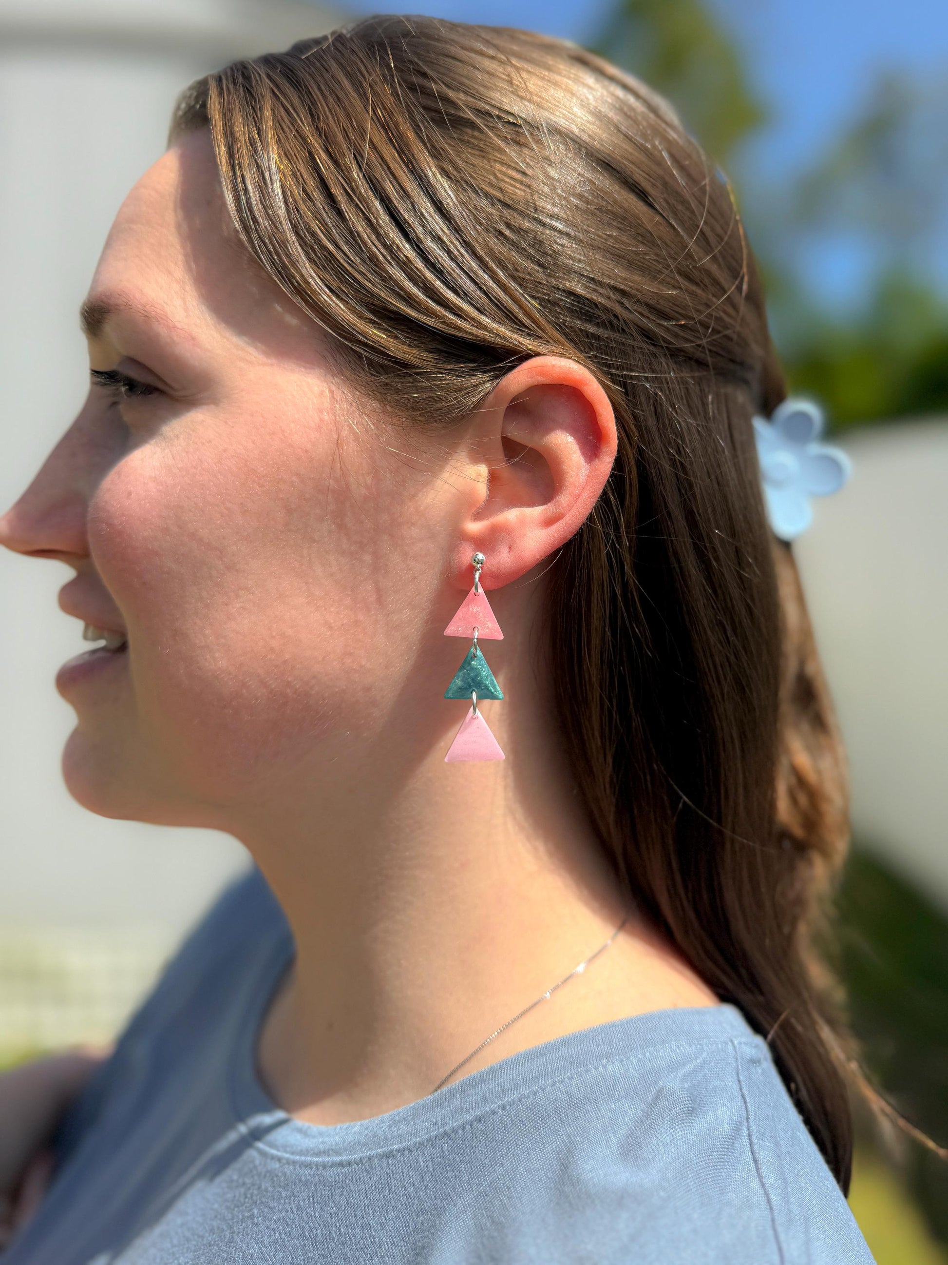 Resin Statement Earrings: Geometric Triangle Dangles, Pink & Teal Retro Flair