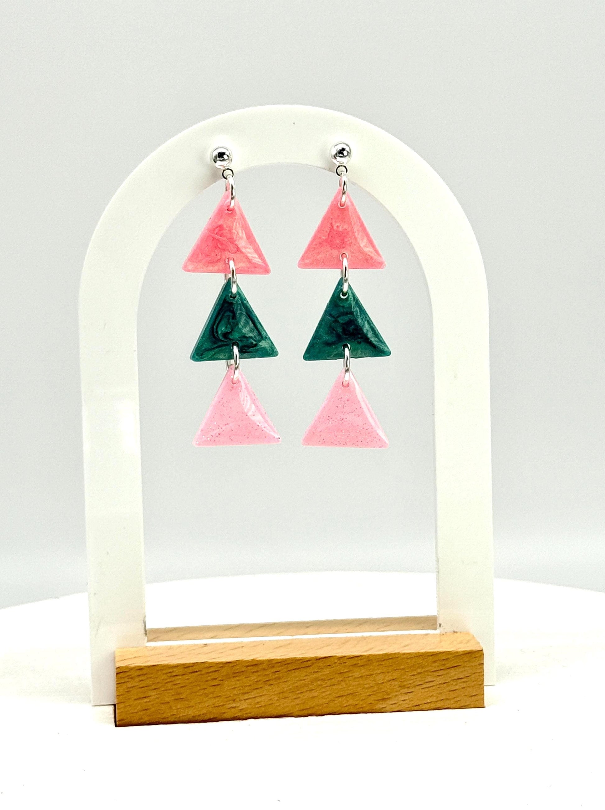 Resin Statement Earrings: Geometric Triangle Dangles, Pink & Teal Retro Flair