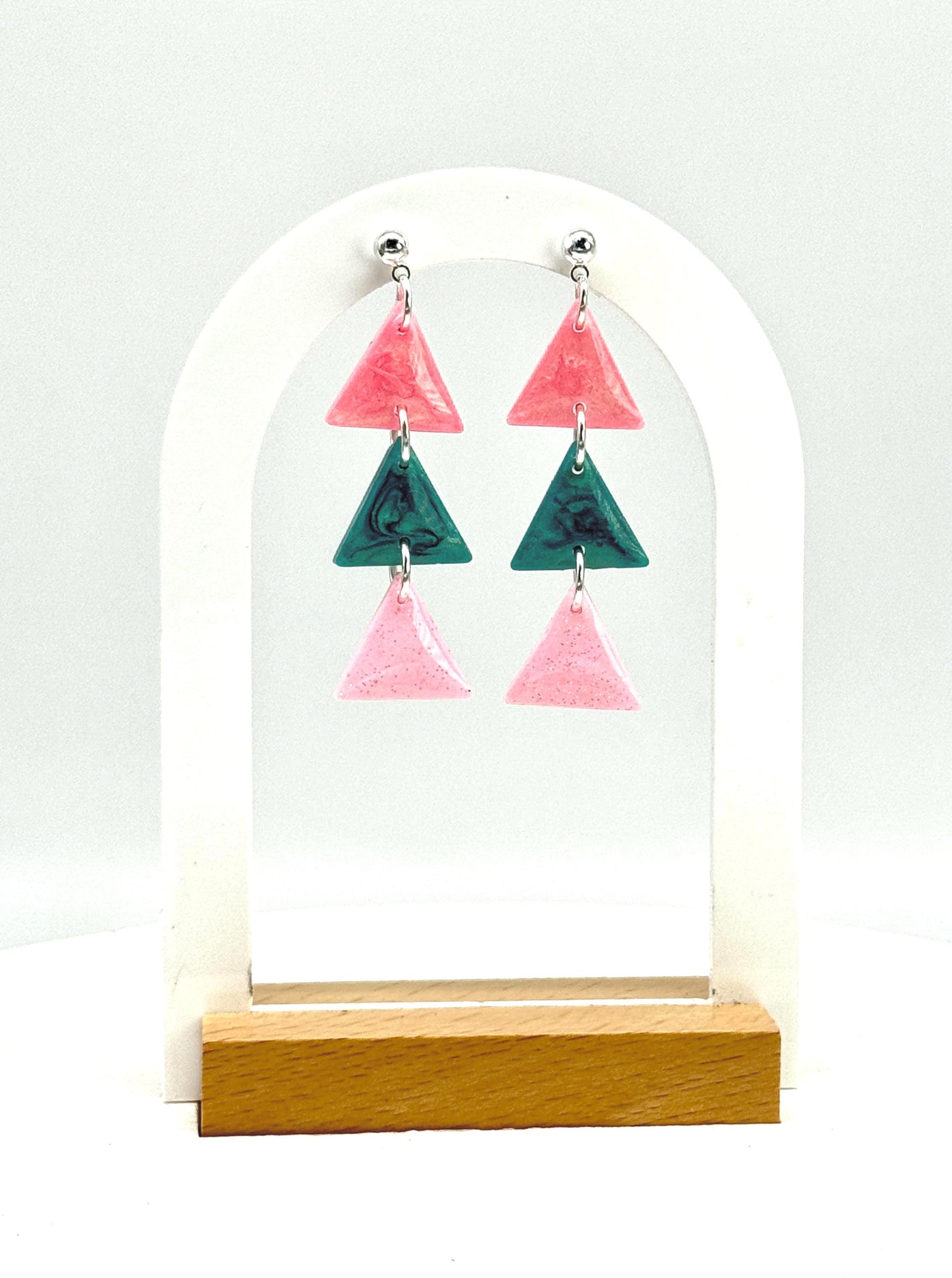 Resin Statement Earrings: Geometric Triangle Dangles, Pink & Teal Retro Flair