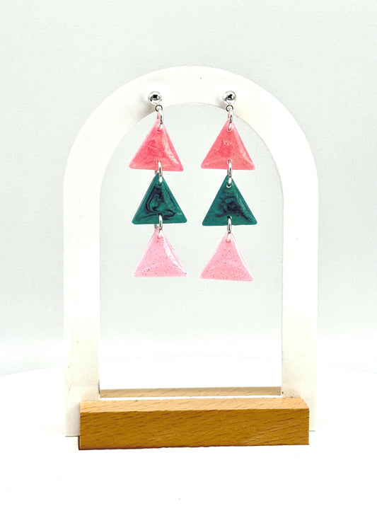 Resin Statement Earrings: Geometric Triangle Dangles, Pink & Teal Retro Flair