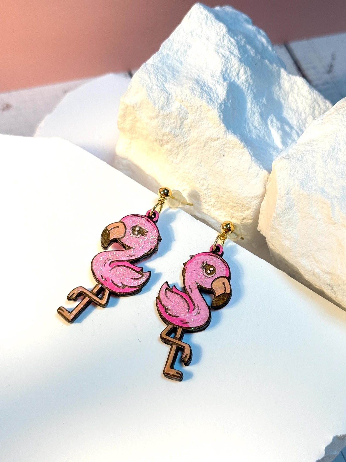 Handmade Wood Flamingo Earrings: Pink Glitter Dangle Jewelry