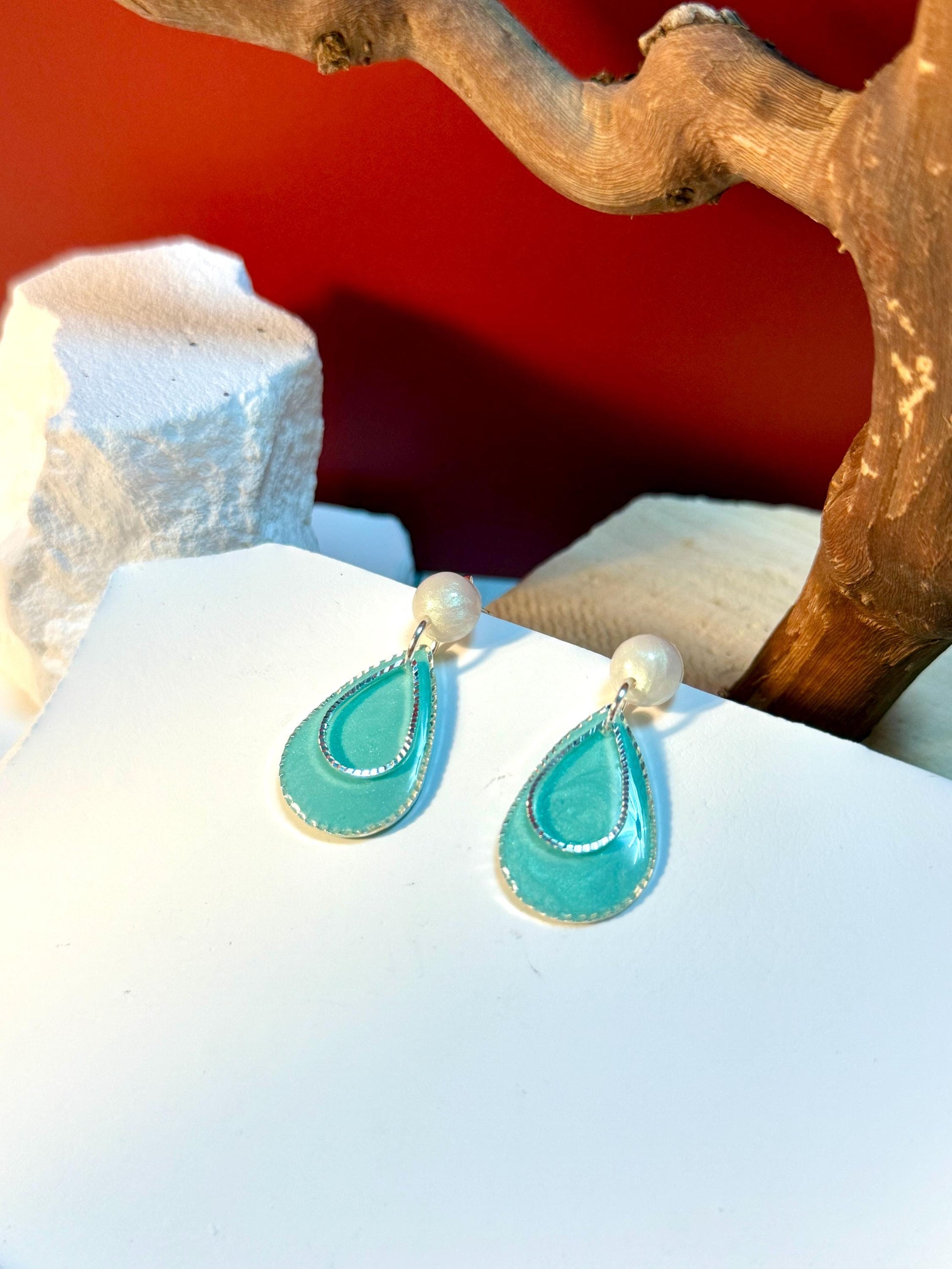 Teardrop Earrings, Resin Earrings, Pearl Stud Dangle | Teal Layered Drops, Handmade Statement Gift for Her