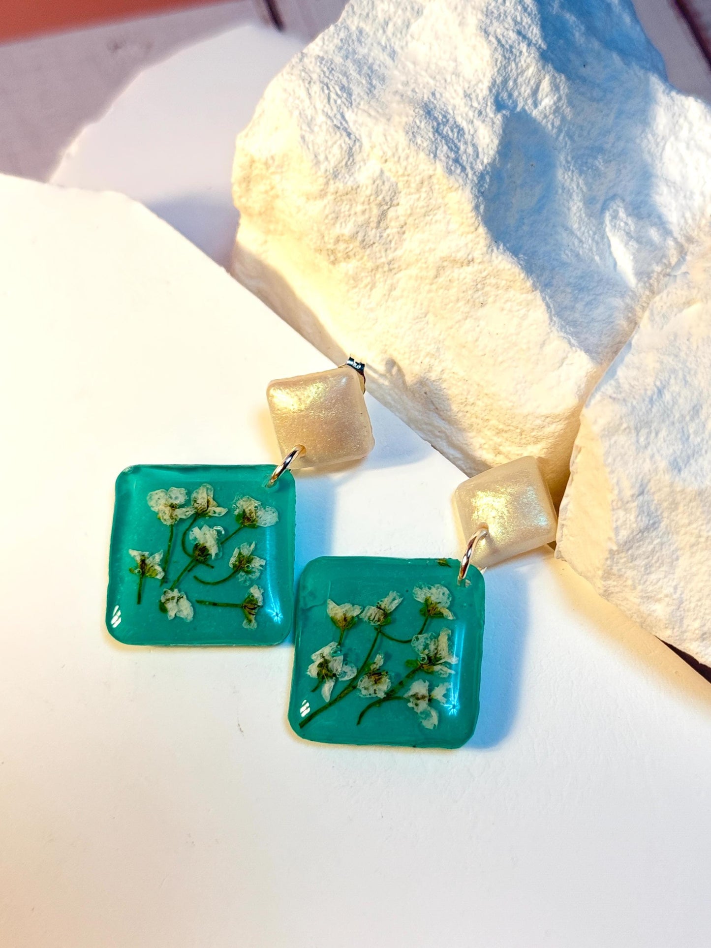 Teal Resin Earrings: Pressed Baby's Breath Diamond Dangle