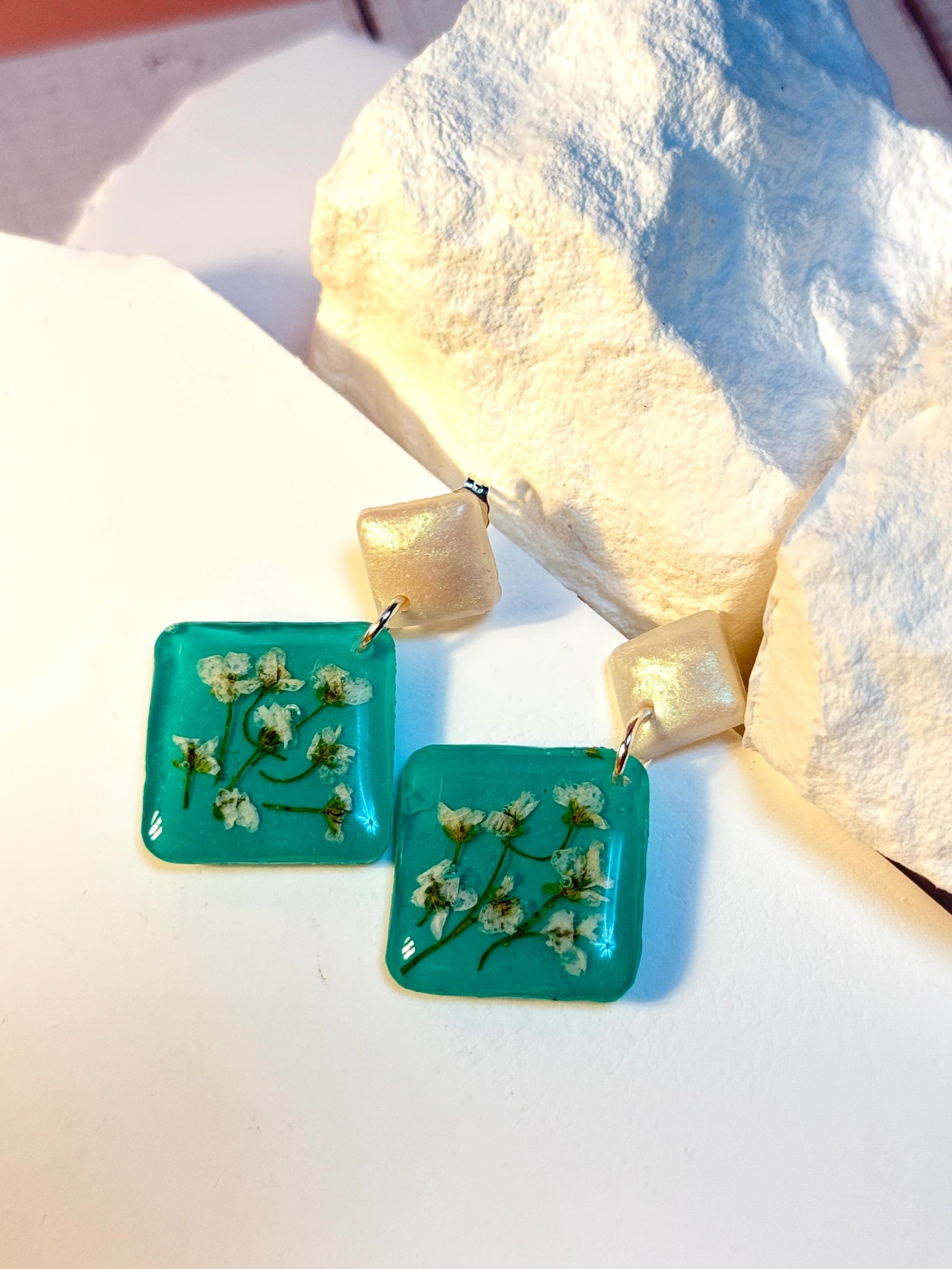 Teal Resin Earrings: Pressed Baby's Breath Diamond Dangle