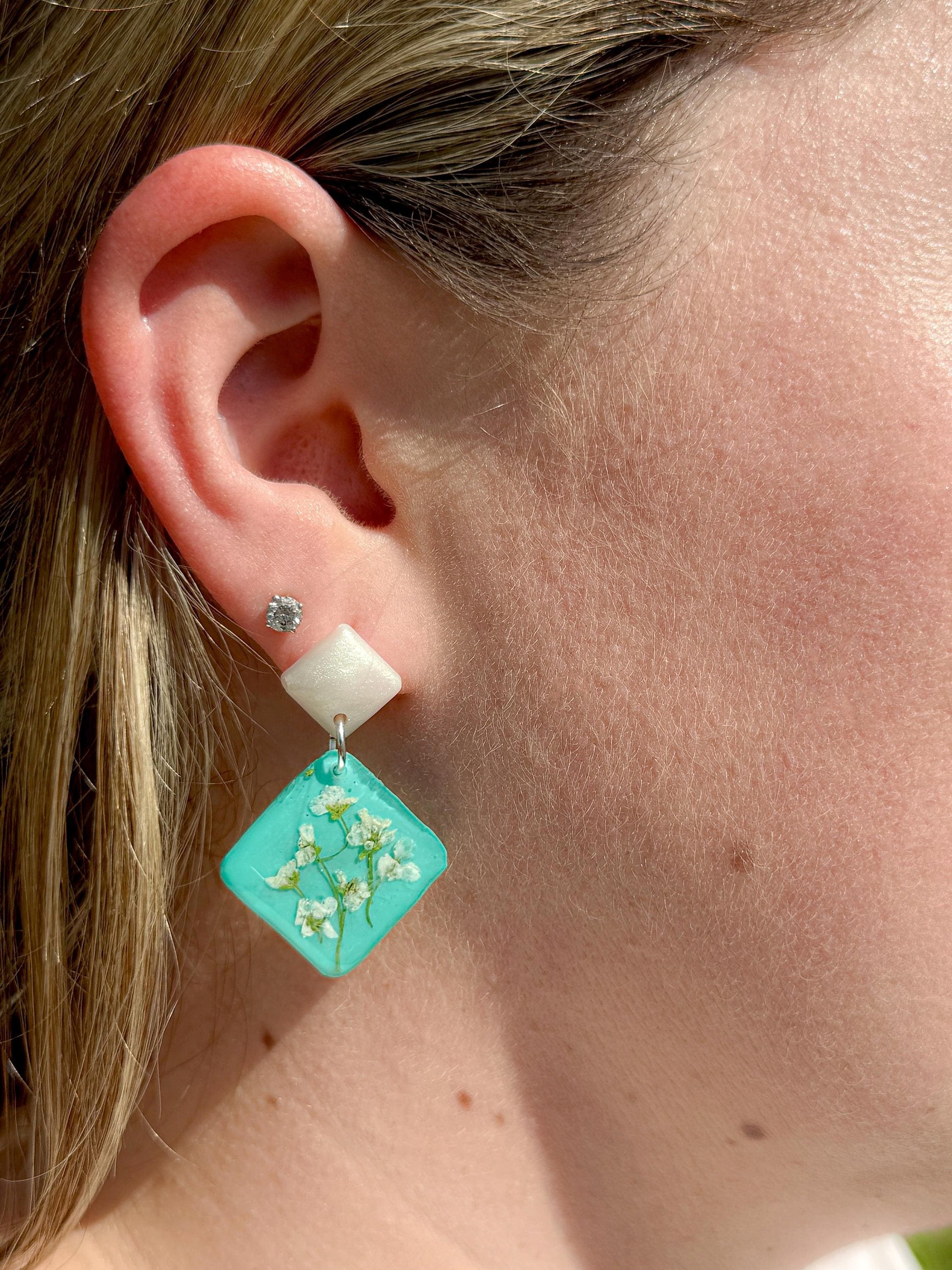 Teal Resin Earrings: Pressed Baby's Breath Diamond Dangle