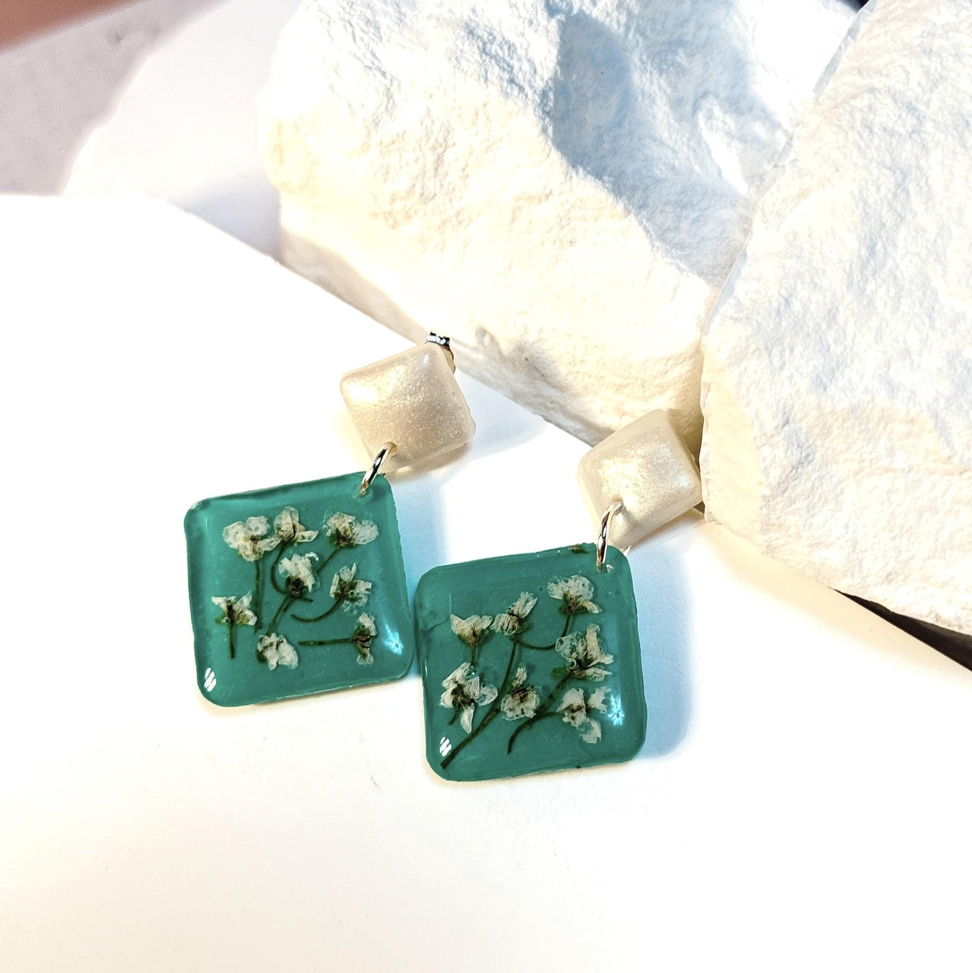 Teal Resin Earrings: Pressed Baby's Breath Diamond Dangle