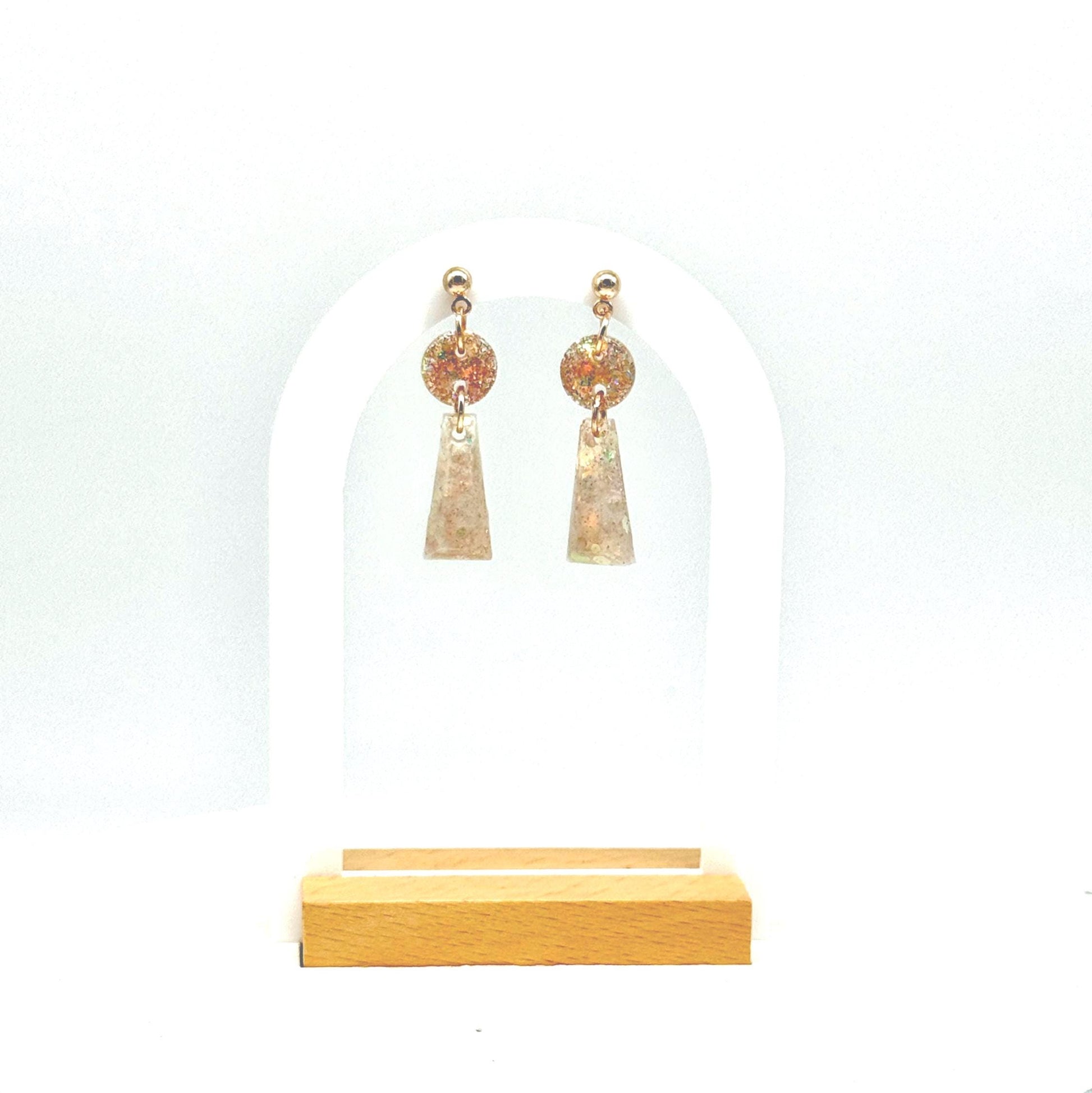 Handmade Glitter Resin Drop Earrings: Gold Geometric Dangles