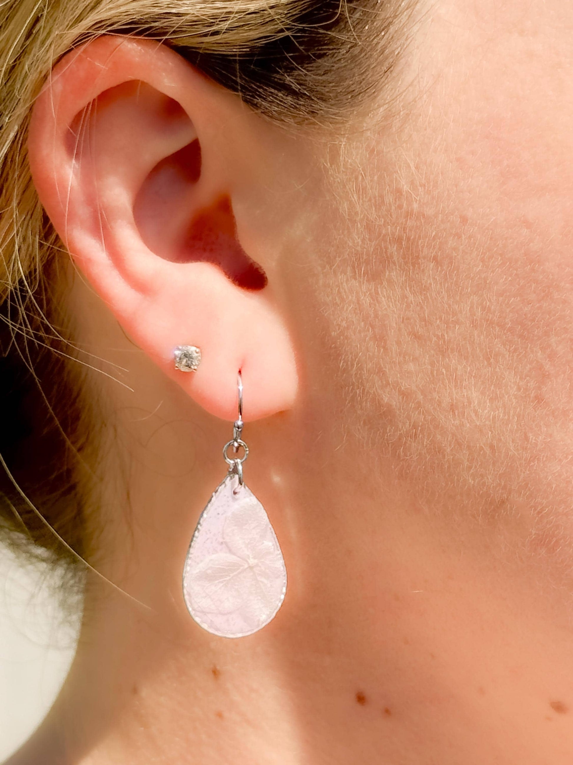 Pressed Flower Earrings: Pink Resin Teardrop Dangles, Botanical Glitter