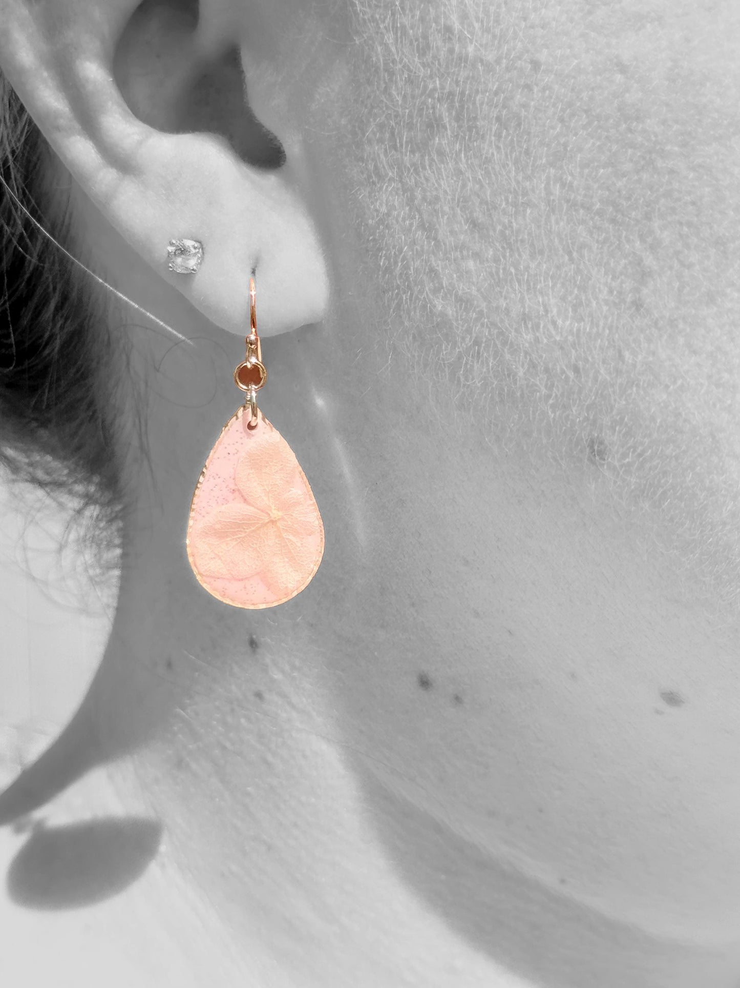 Pressed Flower Earrings: Pink Resin Teardrop Dangles, Botanical Glitter