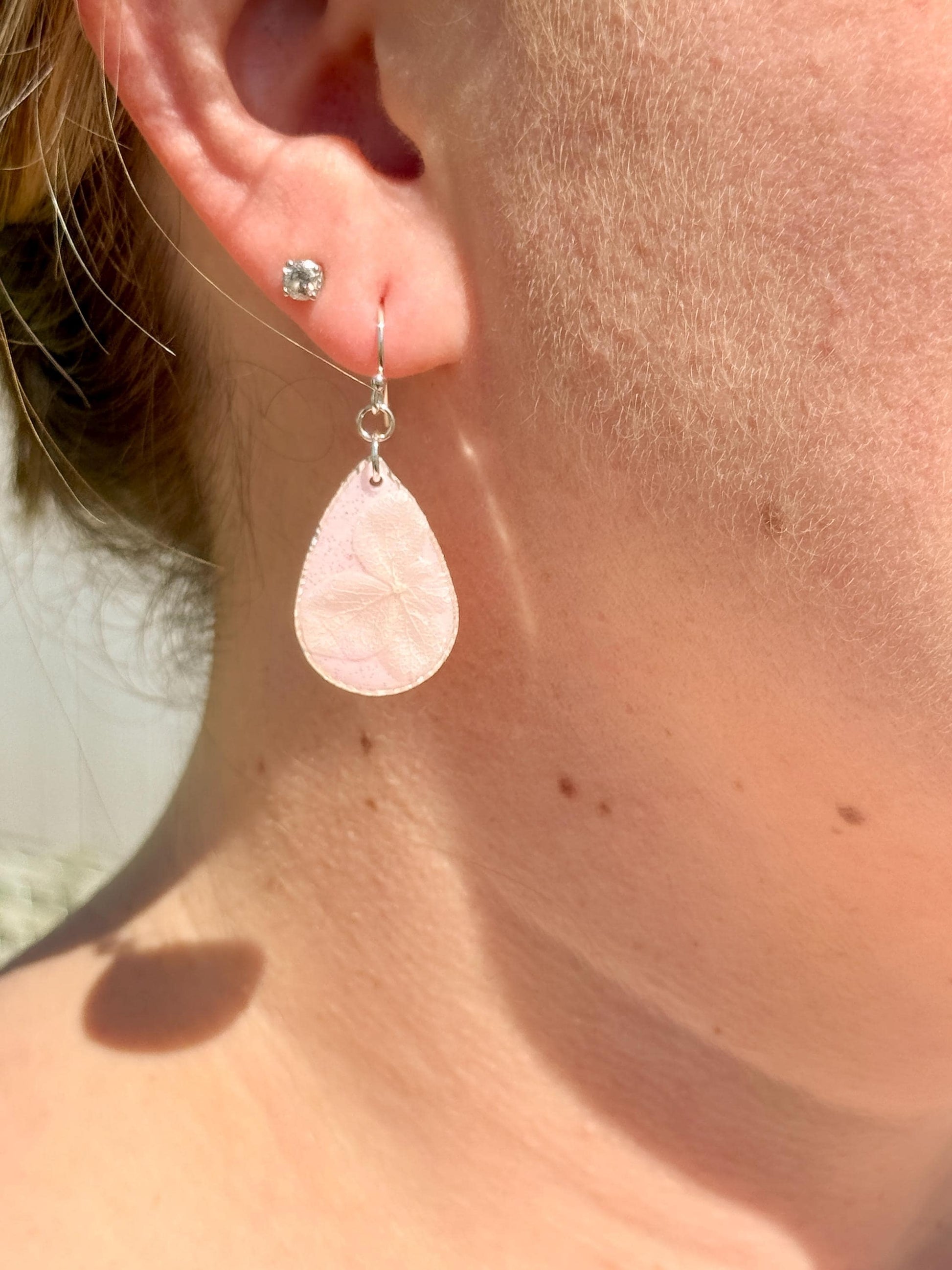 Pressed Flower Earrings: Pink Resin Teardrop Dangles, Botanical Glitter