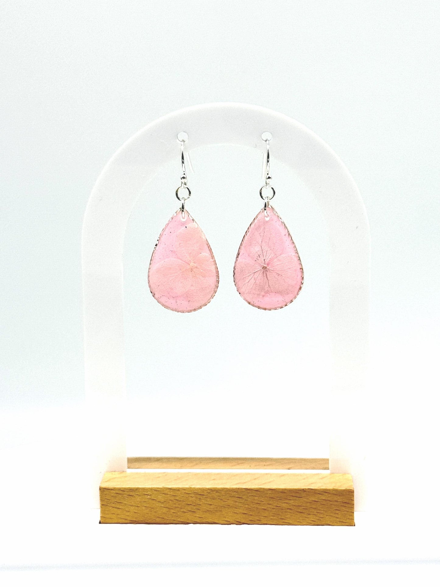 Pressed Flower Earrings: Pink Resin Teardrop Dangles, Botanical Glitter