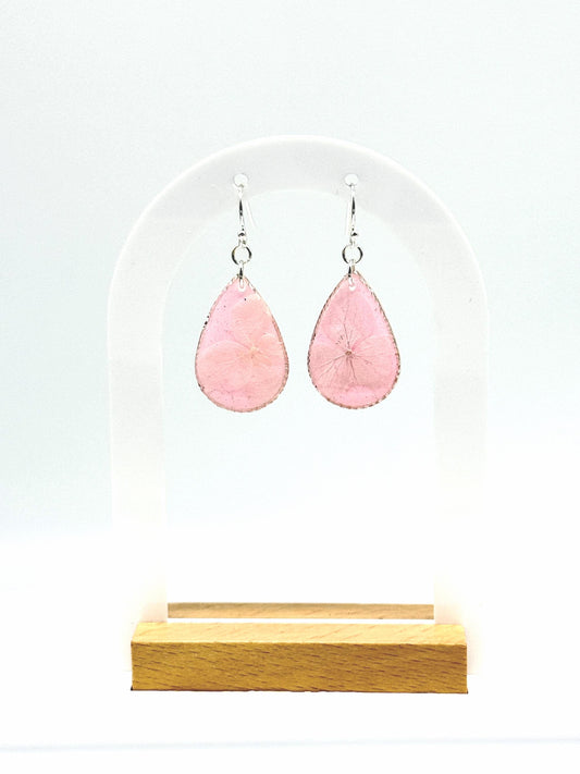 Pressed Flower Earrings: Pink Resin Teardrop Dangles, Botanical Glitter